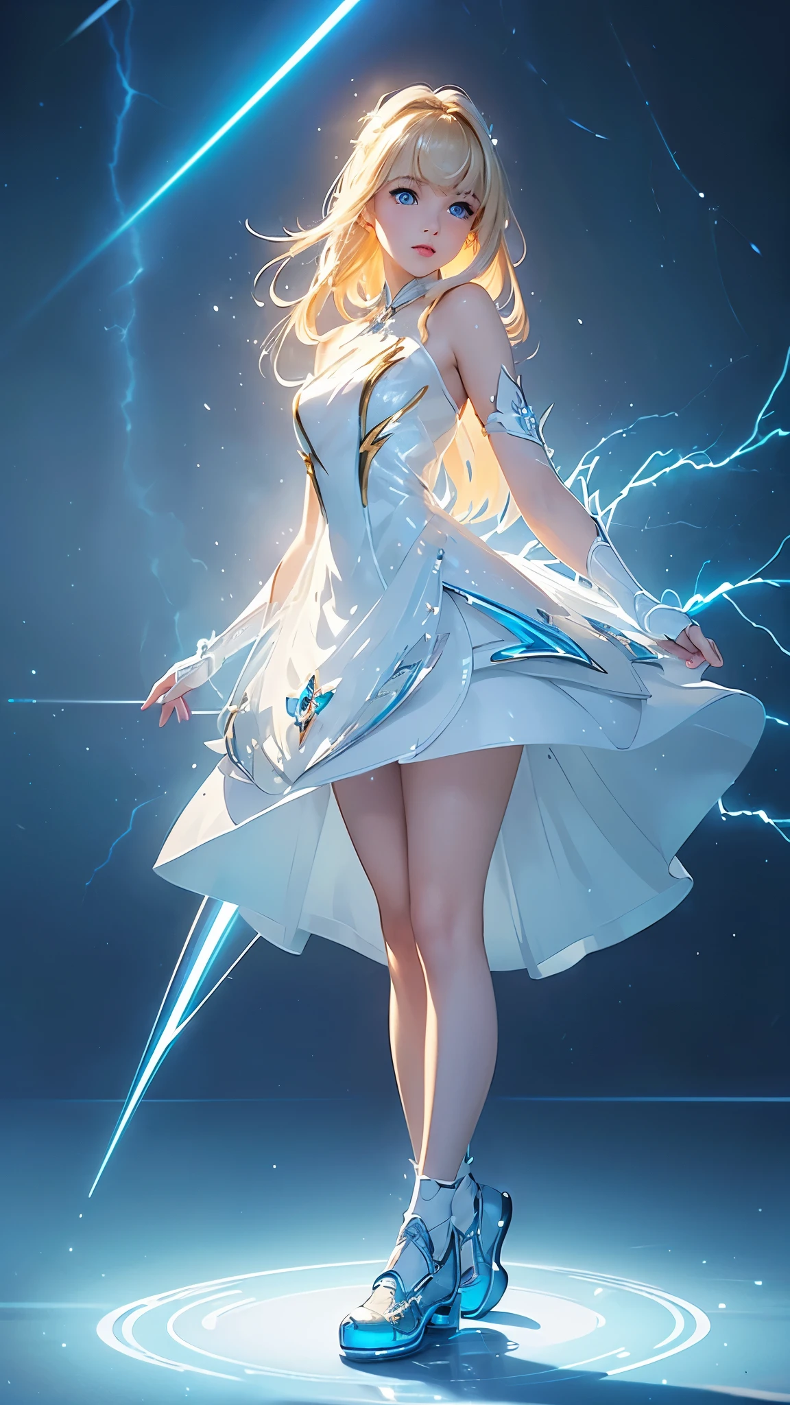 (masterpiece:1.2), best qarity, (illustration:1.2), (ultra detaild), hyper details, (delicate detailed), (intricate detailes), (cinematic light, best qarity Backlights), Delete line, soloist, perfectbody, (1ガール), An (((adult girl))) standing, wearing her (((glass shoes))), emitting a (((bioluminescent glow))) that casts a (((dynamic lightning pattern))), accompanied by (((sparkling flecks))), against a backdrop of a (((white dress))), with a (((shimmering light beam))), reflecting off her (((blond hair with side-swept bangs))), and (((sharp, reflective blue eyes)))., (make up), hight contrast, (better lighting, an extremely created and beautiful), (cinematic light), showy,Thunder roars、Dazzling Light、