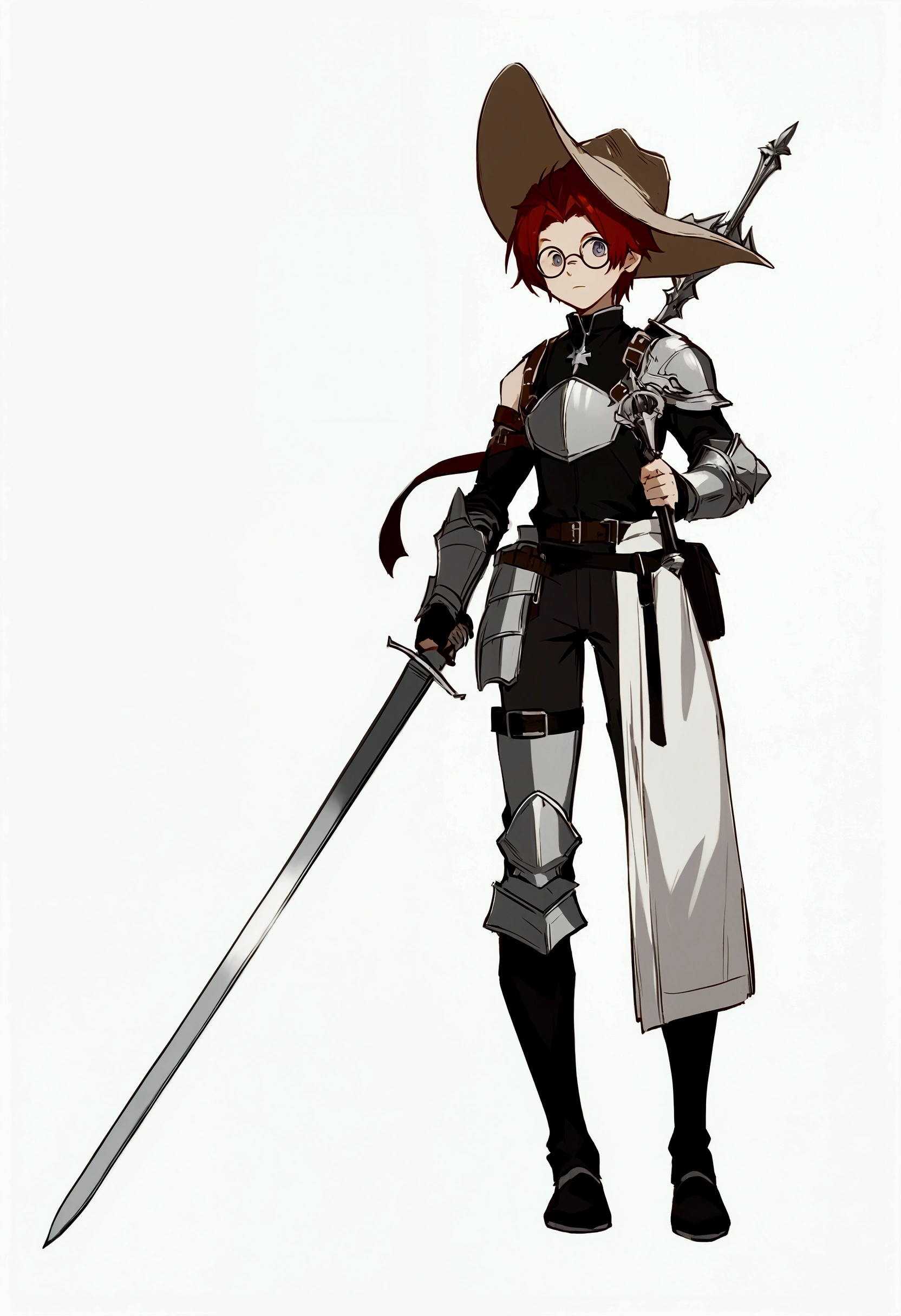 (anime boy with round circle glasses:1.2), with a pencil and a berret hat on her head, a boy in a knight outfit holding a sword and a sword, male knight, armor boy, rapier, male redhead templar, cushart krenz, glossy white armor, from arknights, jrpg character, by Akihiko Yoshida, rpg character, jrpg character art, official character art, fine details. girls, male protagonist 👀 :8