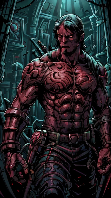 (1boy, hellboy), (extremely detailed CG unit 8k wallpaper),(master part), (best quality), (ultra detail), (best illustration),(Dan Mumford style), cowboy shot, (Sharp eyeliner, ombre, detail eyes), dark dungeon interiors background, ,break , (vamptech),