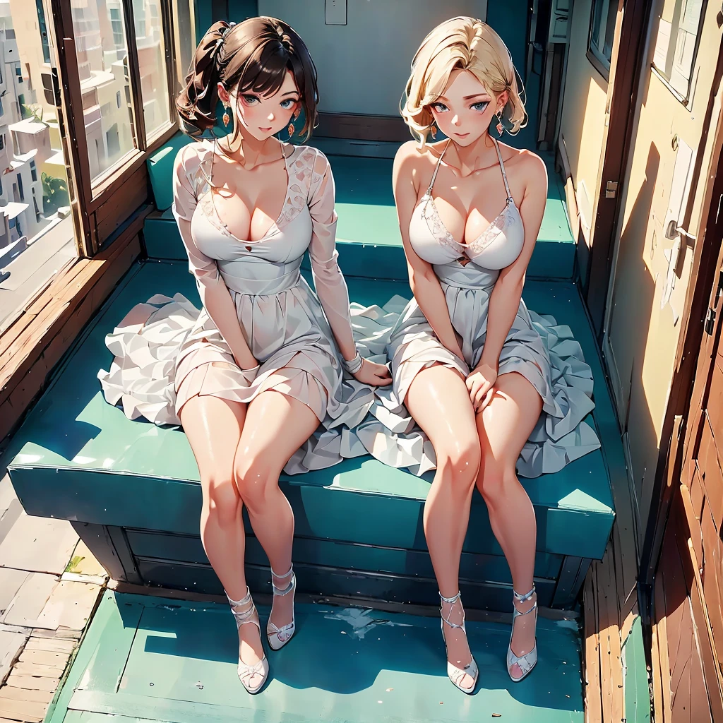 Very delicate and beautiful, masterpiece, Highest quality, Ultra-high resolution, 32K, Surreal, Very detailed, Detailed Description, Pale skin, 20-year-old, Natural Lip, Big Breasts, Earrings, Short Medium Hair, Wavy Hair, Full Body Shot,