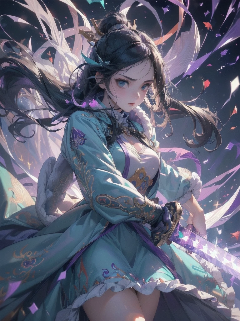 high resolution:1.7, incredibly absurdres, kawaii:1, cute:1.5, hires.fix, incredibly fine illustration,8k,masterpiece:1.2,best quality, high quality, exquisite, beautiful, insanely detailed, intricate detailed, extremely detailed, Super Definition, ultra high res, Super Resolution, best aesthetic, ultra detailed:1.5, best quality, perfect face, detailed face, masterpiece:1.2, illustration:1.2, 8k cg wallpaper, stunning art,absurdres,octane render,ultra hires,
(((aqua fur coat, aqua fur coat outfit, wearing a ice dress:1.3,aqua winter coat))), ((ice dress,elegant ice dress)),(white gloves,white clothes,(((intricate outfit,intricate clothes,embroidered outfit,ornate outfit,embroidered clothes,ornate clothes))),(dynamic pose:1.0),embarrassed,(centered,scale to fit dimensions,Rule of thirds),((snowy pine forest)),winter,1girl, (kunoichi:1.2), black hair,(wide eyes,big green eyes,enchanting bright eyes studded with gold and silver dust,wet crystal eyes),(finely detailed beautiful eyes),shinylips,lean body,waist slender,leg slender,ninja,(gauntlet:1.2), (greave:1.2), (gaiter:1.2), (purple flame:1.5), (purple fire:1.5), (holding purple flame sword:1.5), (holding white energy sword:1.3), (black flame katana:1.3), (swing a white flame sword:1.3),
battle,fight,(action pose: 1.4),(vengeful spirit come's attack), (vs vengeful spirit),(purple confetti:1.5),(cave),tentacles,dungeon,(dutch angle)