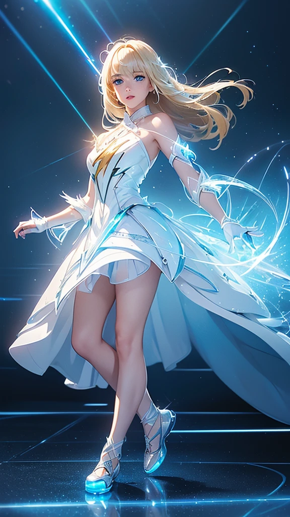 (​masterpiece:1.2), best qarity, (illustration:1.2), (ultra detaild), hyper details, (delicate detailed), (intricate detailes), (cinematic light, best qarity Backlights), Delete line, soloist, perfectbody, (1 Girl), An (((adult girl))) standing, wearing her (((glass shoes))), emitting a (((bioluminescent glow))) that casts a (((dynamic lightning pattern))), accompanied by (((sparkling flecks))), against a backdrop of a (((white dress))), with a (((shimmering light beam))), reflecting off her (((blond hair with side-swept bangs))), and (((sharp, reflective blue eyes)))., (make up), hight contrast, (better lighting, an extremely created and beautiful), (cinematic light), showy,Thunder roars、Dazzling Light、Intense Lightning