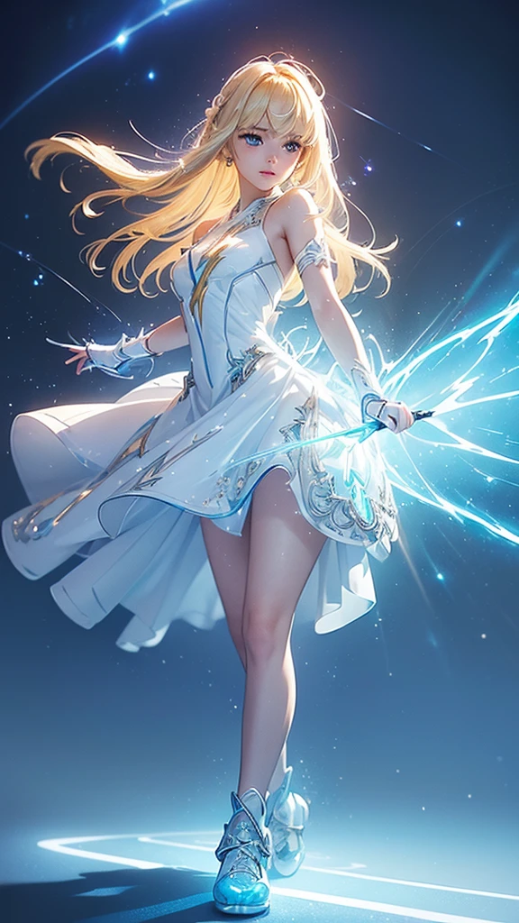 (​masterpiece:1.2), best qarity, (illustration:1.2), (ultra detaild), hyper details, (delicate detailed), (intricate detailes), (cinematic light, best qarity Backlights), Delete line, soloist, perfectbody, (1 Girl), An (((adult girl))) standing, wearing her (((glass shoes))), emitting a (((bioluminescent glow))) that casts a (((dynamic lightning pattern))), accompanied by (((sparkling flecks))), against a backdrop of a (((white dress))), with a (((shimmering light beam))), reflecting off her (((blond hair with side-swept bangs))), and (((sharp, reflective blue eyes)))., (make up), hight contrast, (better lighting, an extremely created and beautiful), (cinematic light), showy,Thunder roars、Dazzling Light、Intense Lightning