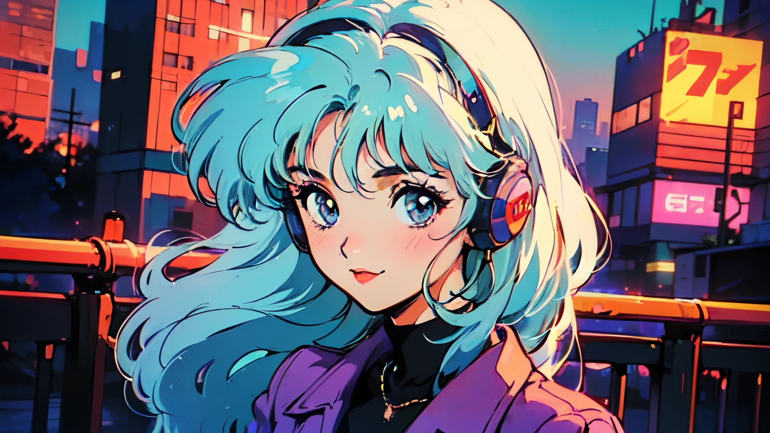 (80's, Retro, City Pop:1.5), (Album cover), (masterpiece, Highest quality), (anime, figure), (pastel colour:1.4),
Best Photo Poses, Dynamic Angle,
girl, alone, smile, A perfect eye for detail, Delicate face,
City scene, City of night, Tokyo, High Fashion, Wearing headphones