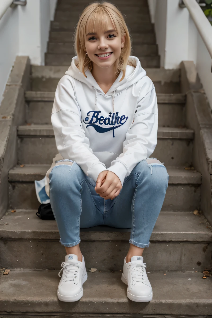 Highest quality, High resolution, 8k wallpaper, Beautiful woman, Sitting on the stairs 、hoodie, Skinny jeans, White sneakers 、 Blonde Hair 、 Beautiful Bangs 、ear piercing、smile、Beautiful teeth alignment