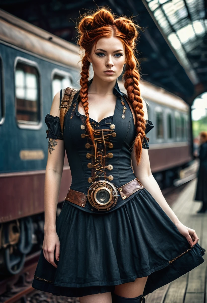 (Realisttic:1.2), analog photo style, Beautiful woman, posing, with freckles and long ginger hair braided, (steampunk dark fantasy atmosphere), soft natural light, cute and sexy, great quality, wear a cute Strampunkdress and looks at you, steampunkroom, Masterpiece, detailed strange background, better performance, 16k quality, HDR, RAW photo, Steampunk Train Station, Steampunk Train