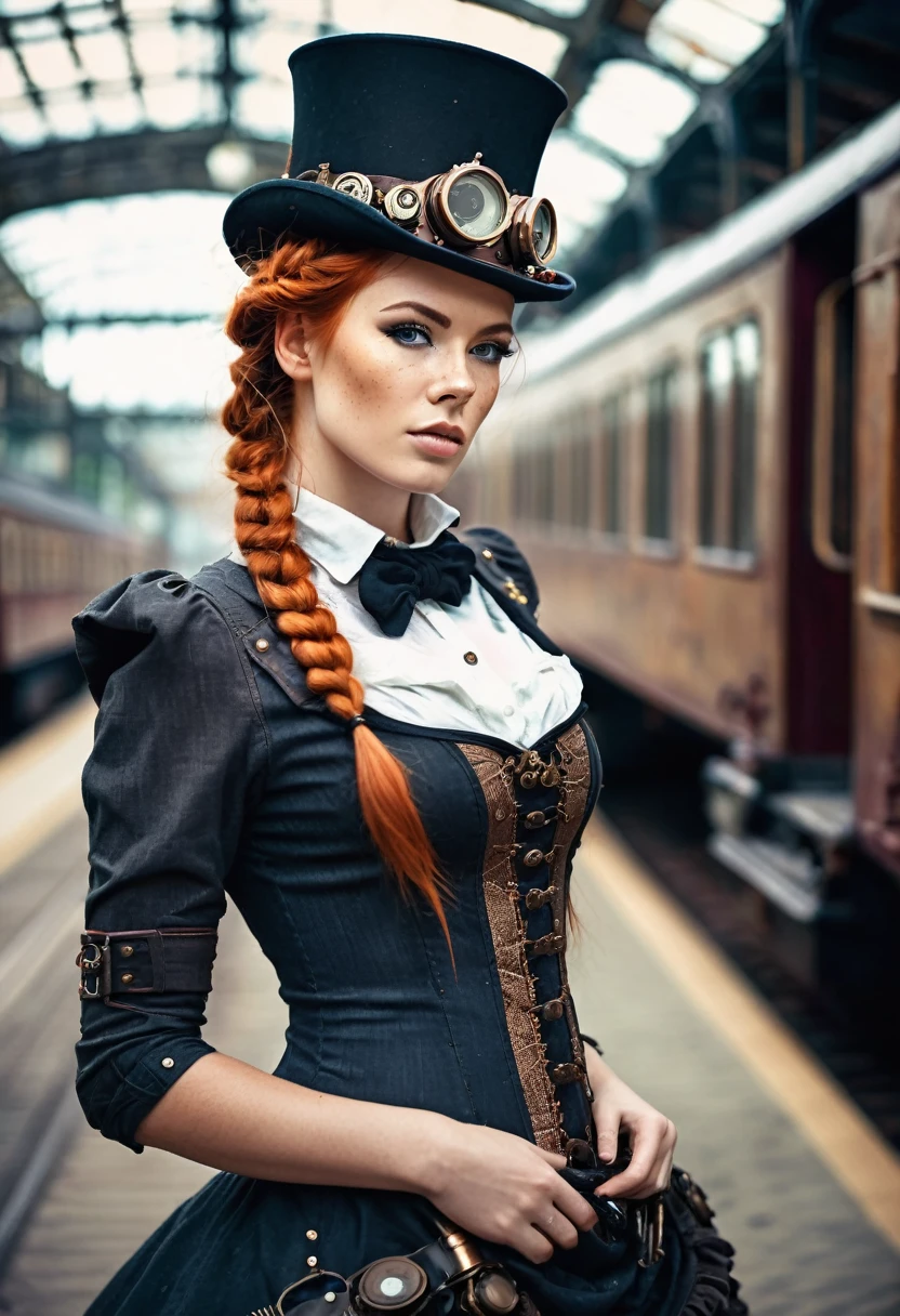 (Realisttic:1.2), analog photo style, Beautiful woman, posing, with freckles and long ginger hair braided, (steampunk dark fantasy atmosphere), soft natural light, cute and sexy, great quality, wear a cute Strampunkdress and looks at you, steampunkroom, Masterpiece, detailed strange background, better performance, 16k quality, HDR, RAW photo, Steampunk Train Station, Steampunk Train