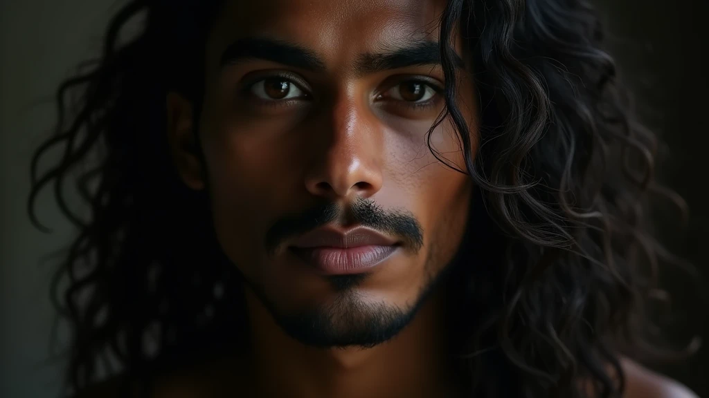 a beautiful mysterious indian man, intricate detailed face, piercing eyes, long eyelashes, delicate skin, natural beauty, flowing hair, candid elegant pose, dramatic lighting, cinematic mood, muted color palette, chiaroscuro lighting, high quality, photorealistic, 8k, intricate details, professional rendering