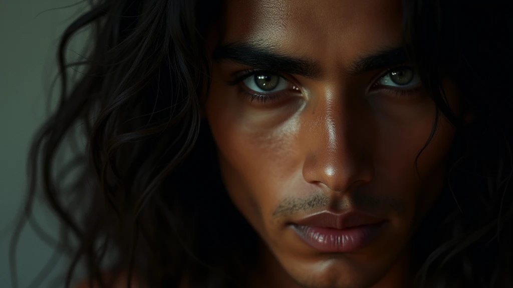a beautiful mysterious indian man, intricate detailed face, piercing eyes, long eyelashes, delicate skin, natural beauty, flowing hair, candid elegant pose, dramatic lighting, cinematic mood, muted color palette, chiaroscuro lighting, high quality, photorealistic, 8k, intricate details, professional rendering
