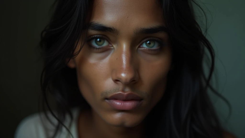 a beautiful mysterious indian man, intricate detailed face, piercing eyes, long eyelashes, delicate skin, natural beauty, flowing hair, candid elegant pose, dramatic lighting, cinematic mood, muted color palette, chiaroscuro lighting, high quality, photorealistic, 8k, intricate details, professional rendering