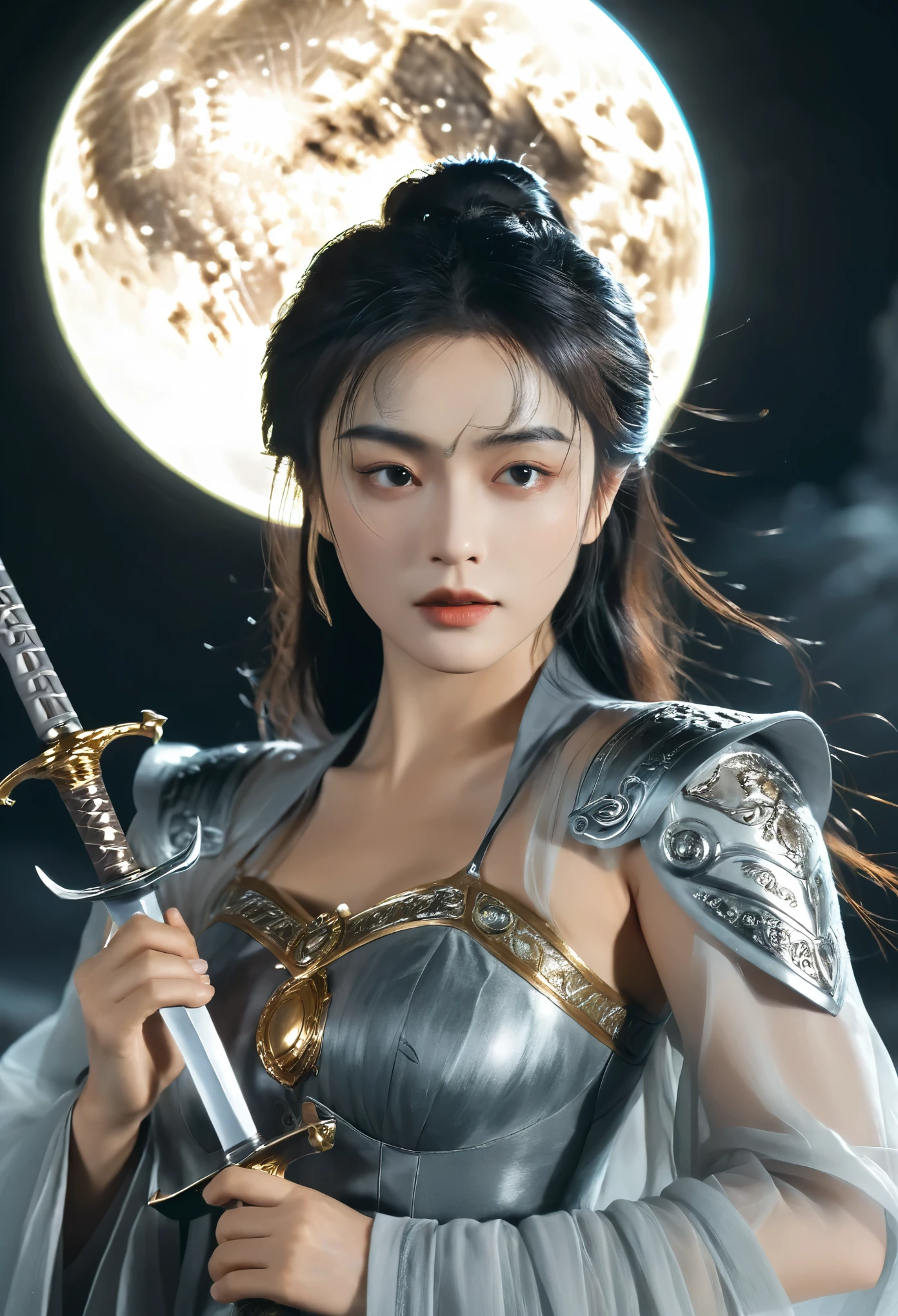 Bust Close-up，Dancing with swords，Big Moon，Beautiful light and shadow，Delicate facial features，black gold，poster，photography，Blockbuster movies