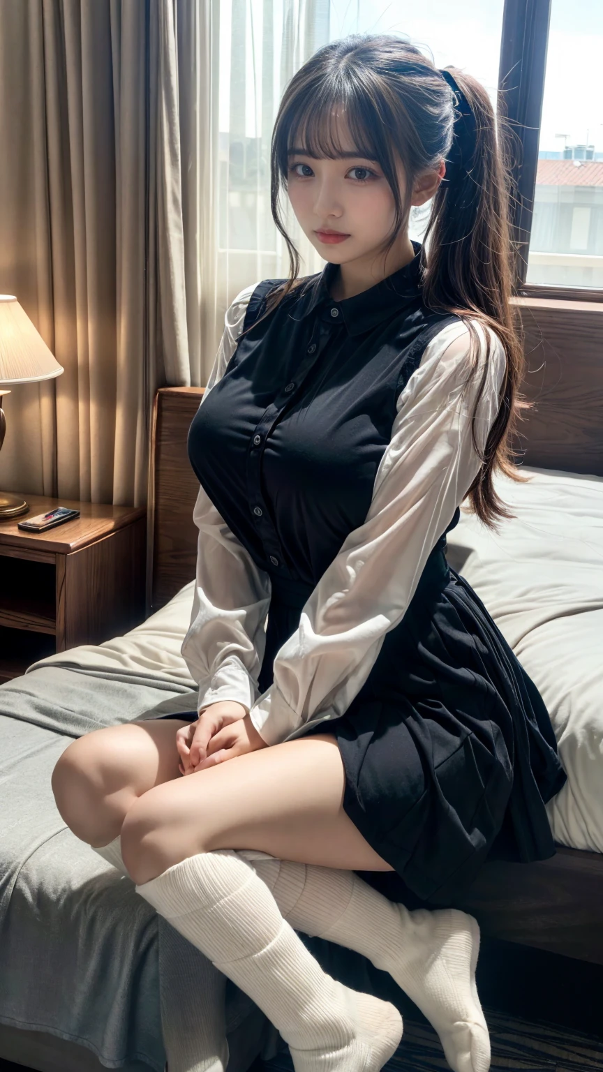 (8K, RAW Photos, Highest quality, masterpiece:1.2), (professional photography, full colors, studio-caliber color grading), (Gravure quality for high-end fashion magazines), BREAK,18 year old girl, (fluffy ponytail:1.2), Big Natural Color Lip, Plumpy body, (smooth skin:1.1), huge breasts, BREAK, (collared shirt:1.1), pleated skirt, knee high socks, BREAK, hotel room, cute , lolita