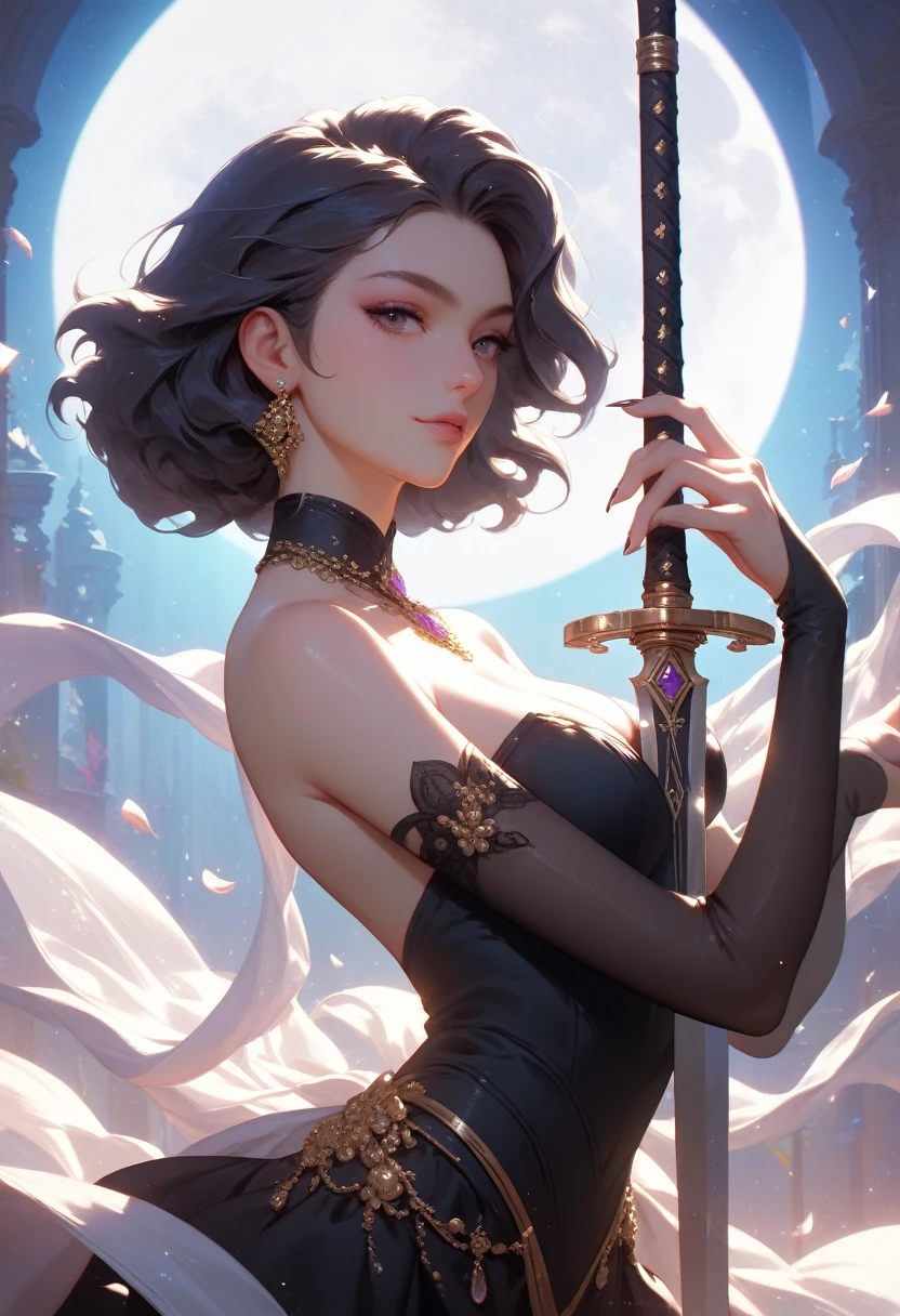 Bust Close-up，Dancing with swords，Big Moon，Beautiful light and shadow，Delicate facial features，black gold，poster，photography，Blockbuster movies