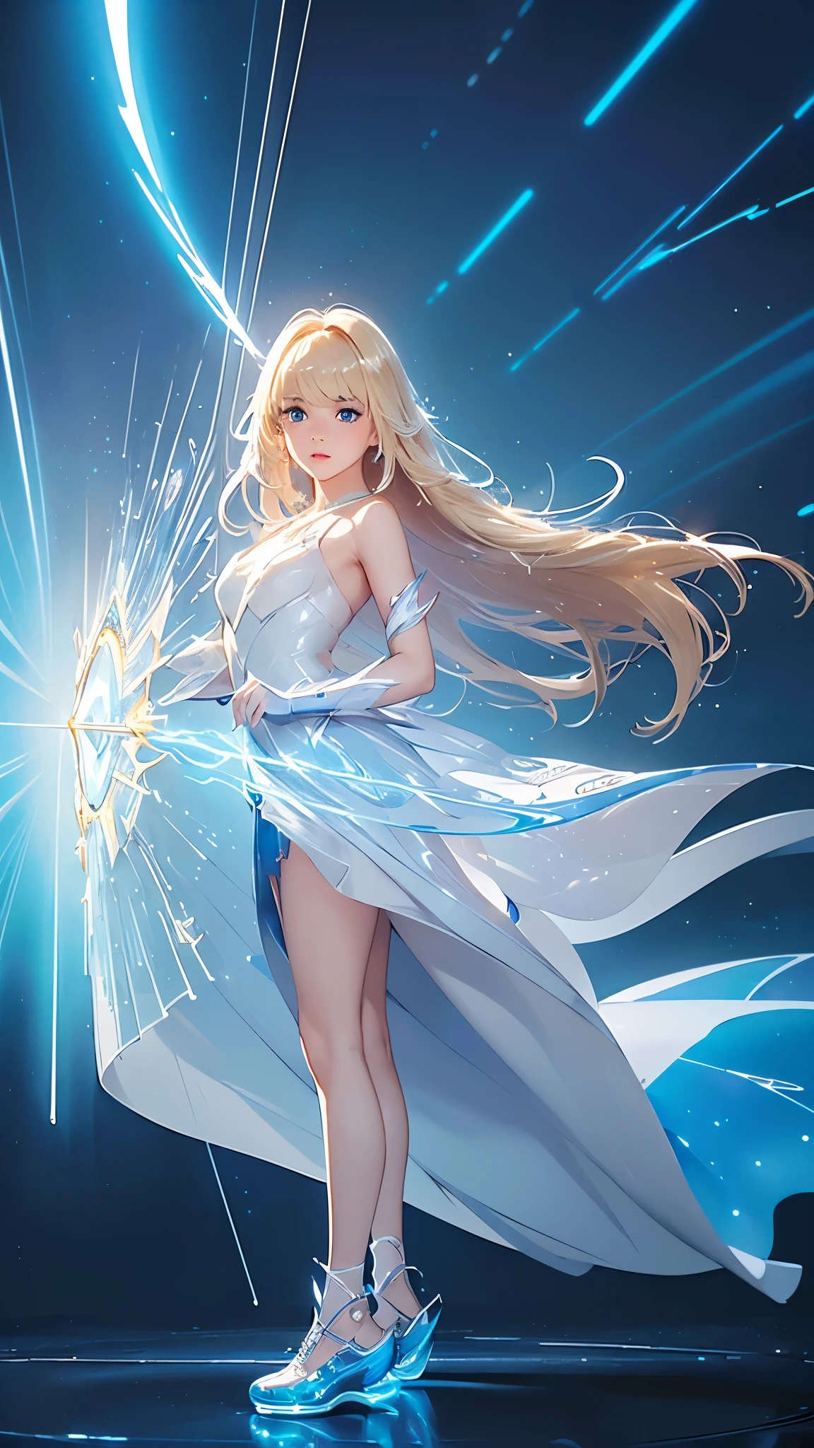 (masterpiece:1.2), best qarity, (illustration:1.2), (ultra detaild), hyper details, (delicate detailed), (intricate detailes), (cinematic light, best qarity Backlights), Delete line, soloist, perfectbody, (1 Girl), An (((adult girl))) standing, wearing her (((glass shoes))), emitting a (((bioluminescent glow))) that casts a (((dynamic lightning pattern))), accompanied by (((sparkling flecks))), against a backdrop of a (((white dress))), with a (((shimmering light beam))), reflecting off her (((blond hair with side-swept bangs))), and (((sharp, reflective blue eyes)))., (make up), hight contrast, (better lighting, an extremely created and beautiful), (cinematic light), showy,Thunder roars、Dazzling Light、Intense Lightning