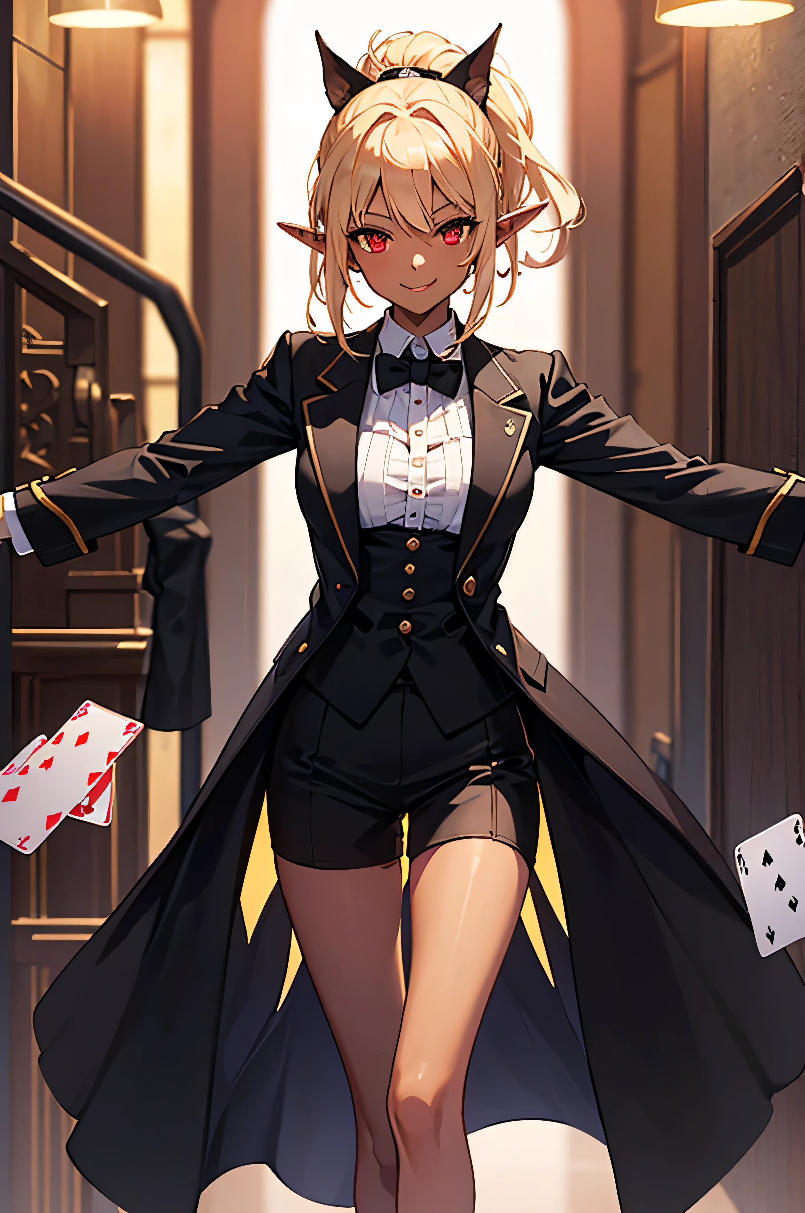 Beautiful images,Detailed Images,Official image,Casino Background,One Woman,Blonde,Red Eyes,Ponytail Hair,Model body type,(Dark Skin:1.3),Elf Ears,Large Breasts,Cross your arms,(Black tailcoat:1.3),Smile small,Playing cards scattered