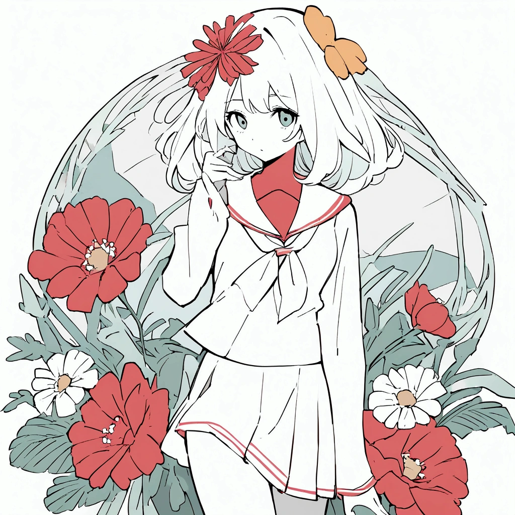 Female solo Summer Nostalgic Simple and beautiful color scheme Flat color Flower Chic Sailor suit Red flower Mysterious