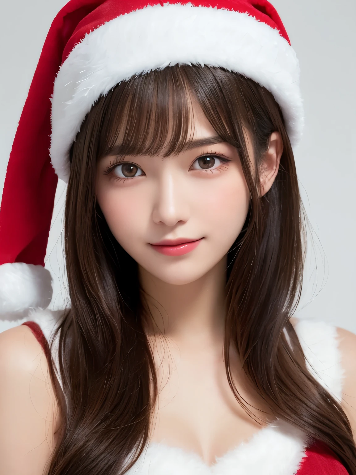 white background, half body portrait, bust shot, looks happy, smile, one girl, (a beauty girl, delicate girl:1.3), (20 years old:1.3), break, (santa claus costume), break, very fine eyes, (symmetrical eyes:1.3), break, small breasts, brown eyes, parted bangs, brown hair,  (eyes and faces with detailed:1.0), break, (masterpiece, best quality, ultra detailed, detailed face, 8k)