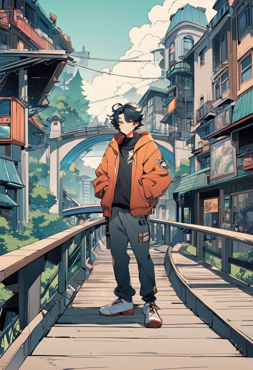 Cartoon style illustration of a man standing on a bridge in a park, Shinkai Makoto Cyril Rolando, lofi stylestyle, Low-fidelity illustration style, inspired by Liam Wong, gta chinatowon art style, Animation illustration style, lofi style, background technology, Cyril Rolando and Goro Fujita, Stylized digital illustration, anime background technology