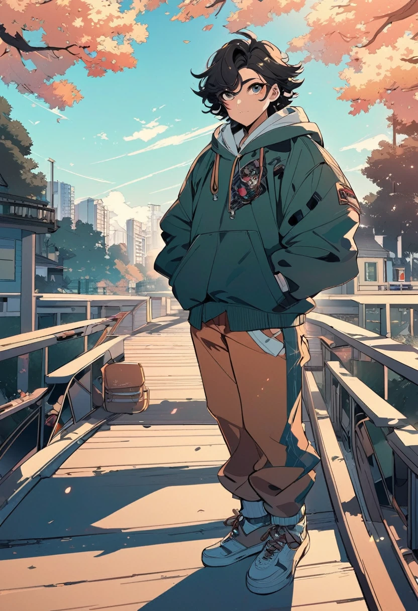 Cartoon style illustration of a man standing on a bridge in a park, Shinkai Makoto Cyril Rolando, lofi stylestyle, Low-fidelity illustration style, inspired by Liam Wong, gta chinatowon art style, Animation illustration style, lofi style, background technology, Cyril Rolando and Goro Fujita, Stylized digital illustration, anime background technology