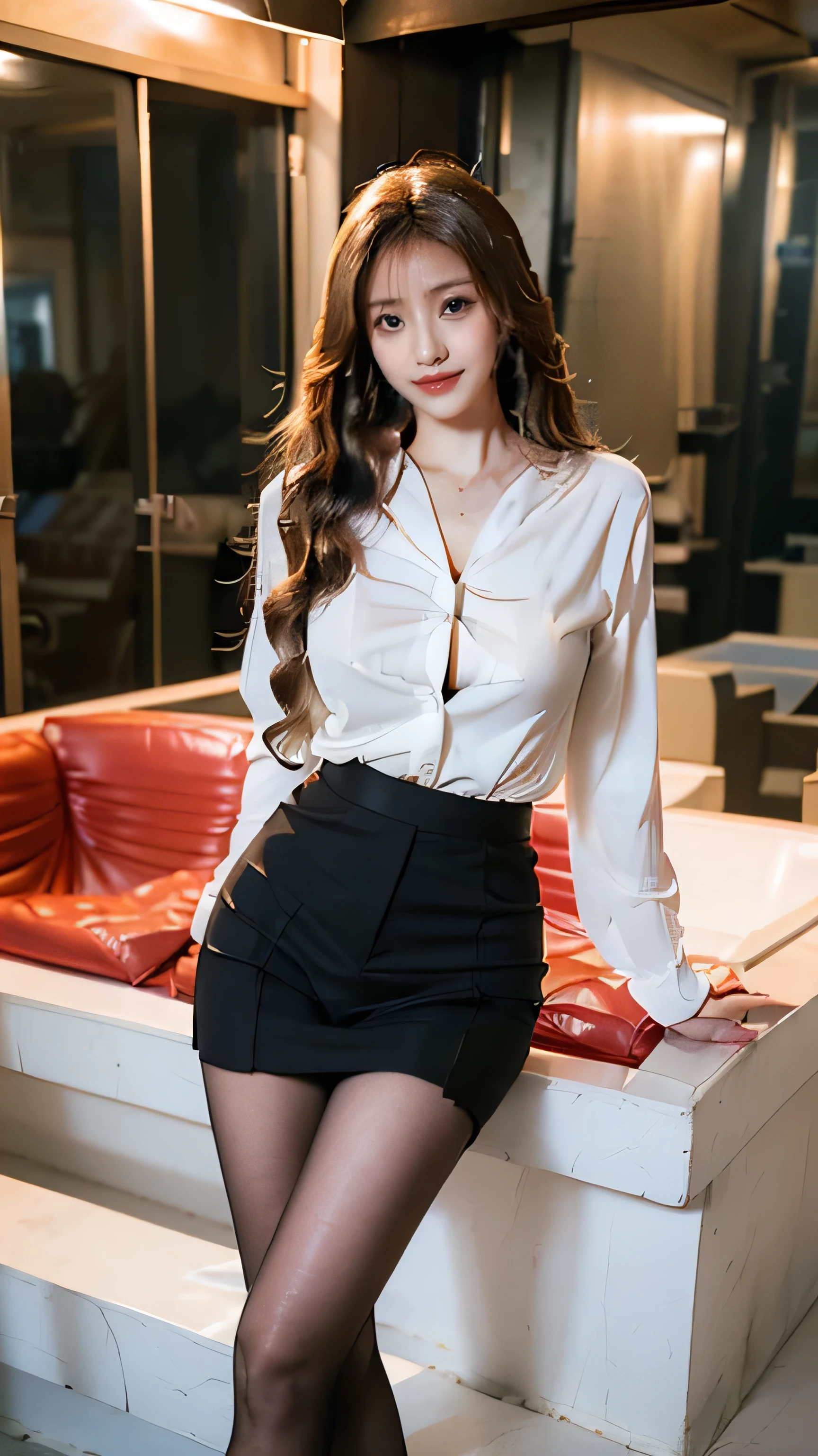 Wave Curl，Heavy makeup，Red lips，white long sleeve button up blouse_brown pleated ee-through silk pantyhose，Red stiletto heels，Through the bangs，((In the hustle and bustle of town:1.4))、standing gracefully、shy smile