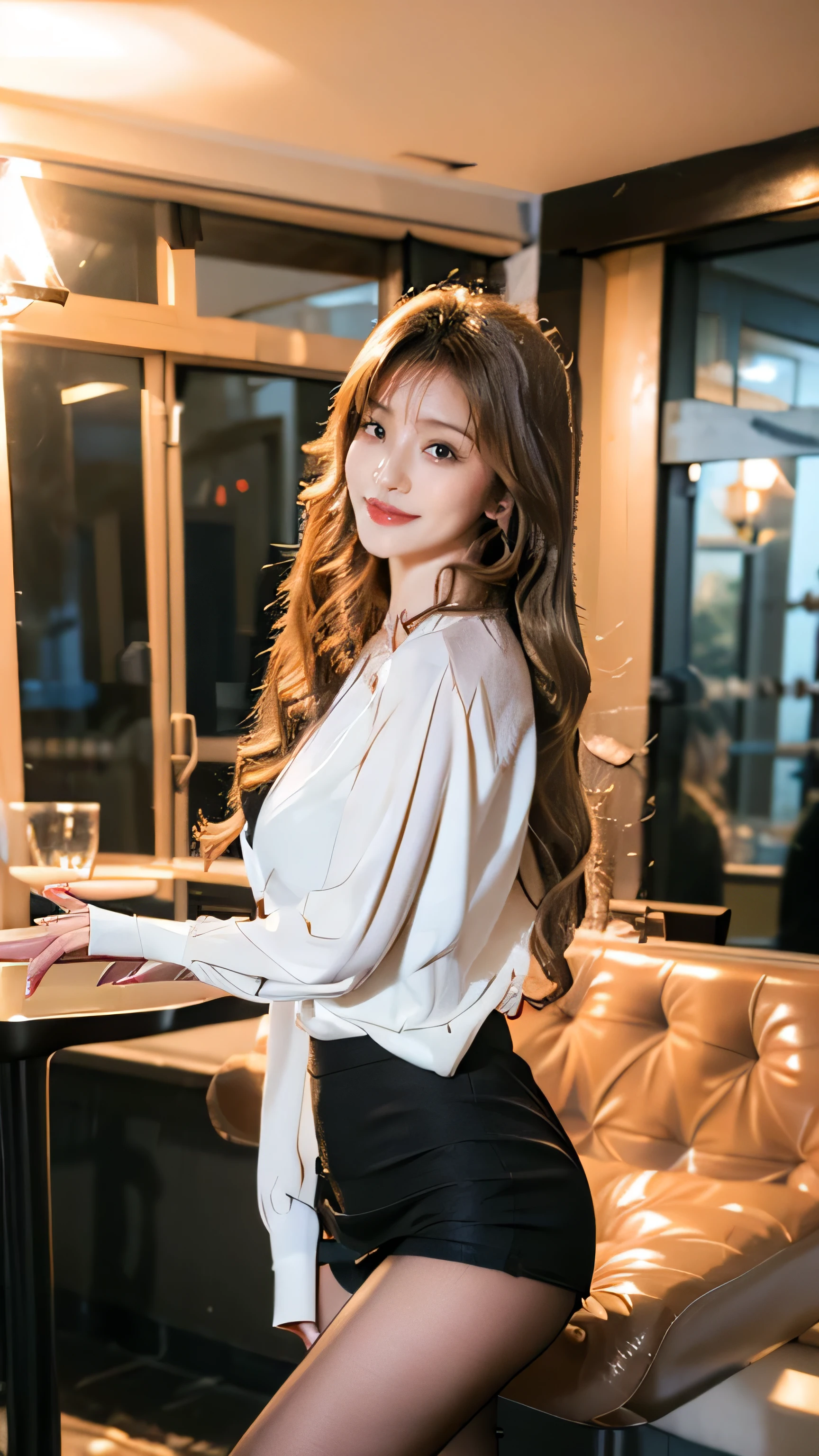 Wave Curl，Heavy makeup，Red lips，white long sleeve button up blouse_brown pleated ee-through silk pantyhose，Red stiletto heels，Through the bangs，((In the hustle and bustle of town:1.4))、standing gracefully、shy smile