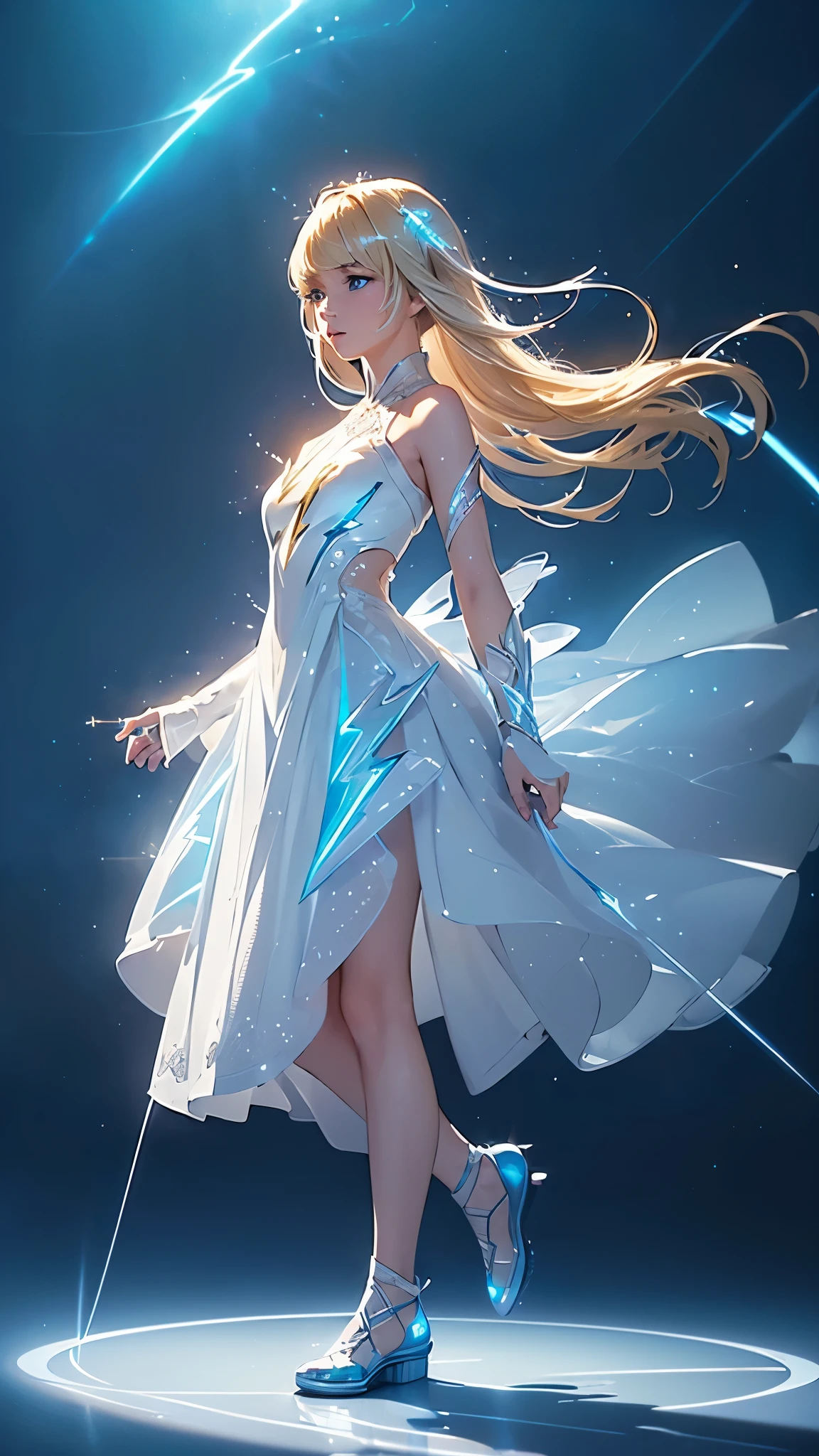 (​masterpiece:1.2), best qarity, (illustration:1.2), (ultra detaild), hyper details, (delicate detailed), (intricate detailes), (cinematic light, best qarity Backlights), Delete line, soloist, perfectbody, (1 Girl), An (((adult girl))) standing, wearing her (((glass shoes))), emitting a (((bioluminescent glow))) that casts a (((dynamic lightning pattern))), accompanied by (((sparkling flecks))), against a backdrop of a (((white dress))), with a (((shimmering light beam))), reflecting off her (((blond hair with side-swept bangs))), and (((sharp, reflective blue eyes)))., (make up), hight contrast, (better lighting, an extremely created and beautiful), (cinematic light), showy,Thunder roars、Dazzling Light、Intense Lightning