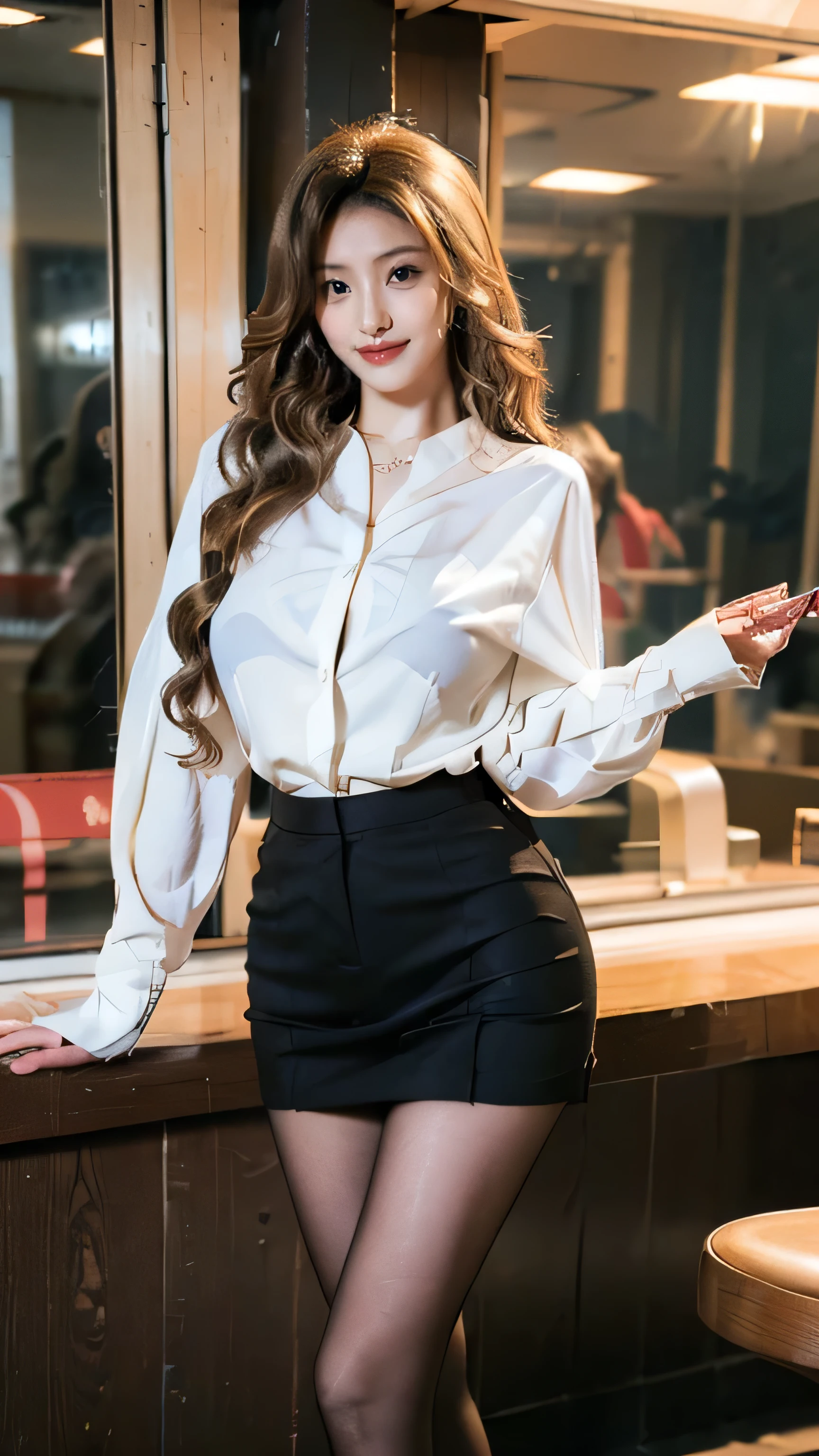 Wave Curl，Heavy makeup，Red lips，white long sleeve button up blouse_brown pleated ee-through silk pantyhose，Red stiletto heels，Through the bangs，((In the hustle and bustle of town:1.4))、standing gracefully、shy smile