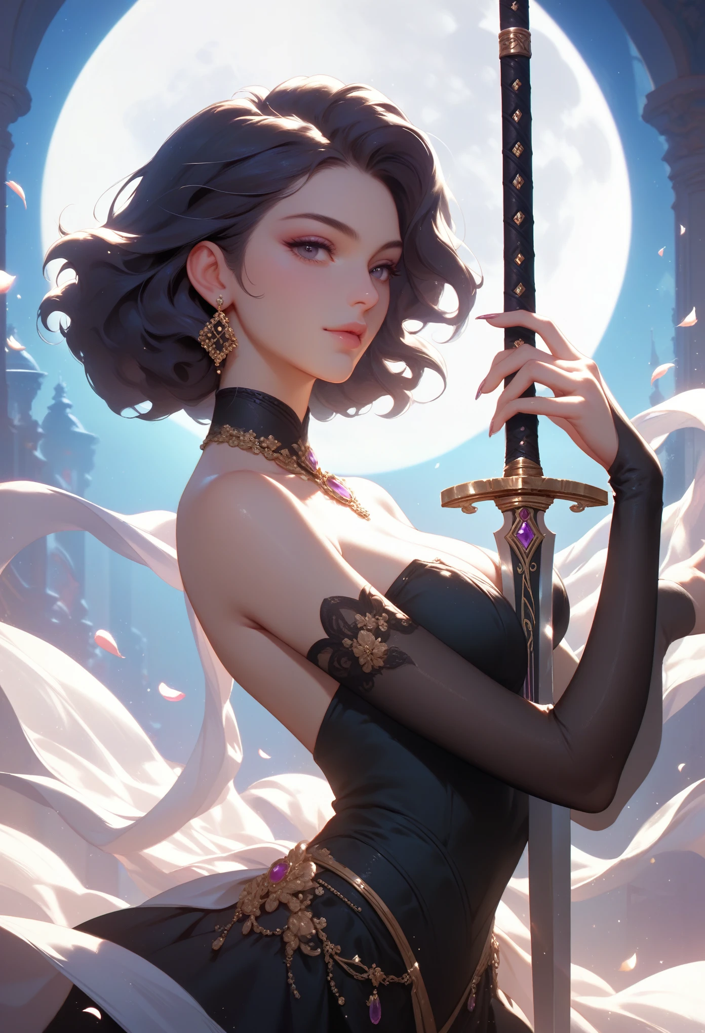 Bust Close-up,Dancing with swords,Big Moon,Beautiful light and shadow,Delicate facial features,black gold,poster,photography,Blockbuster movies