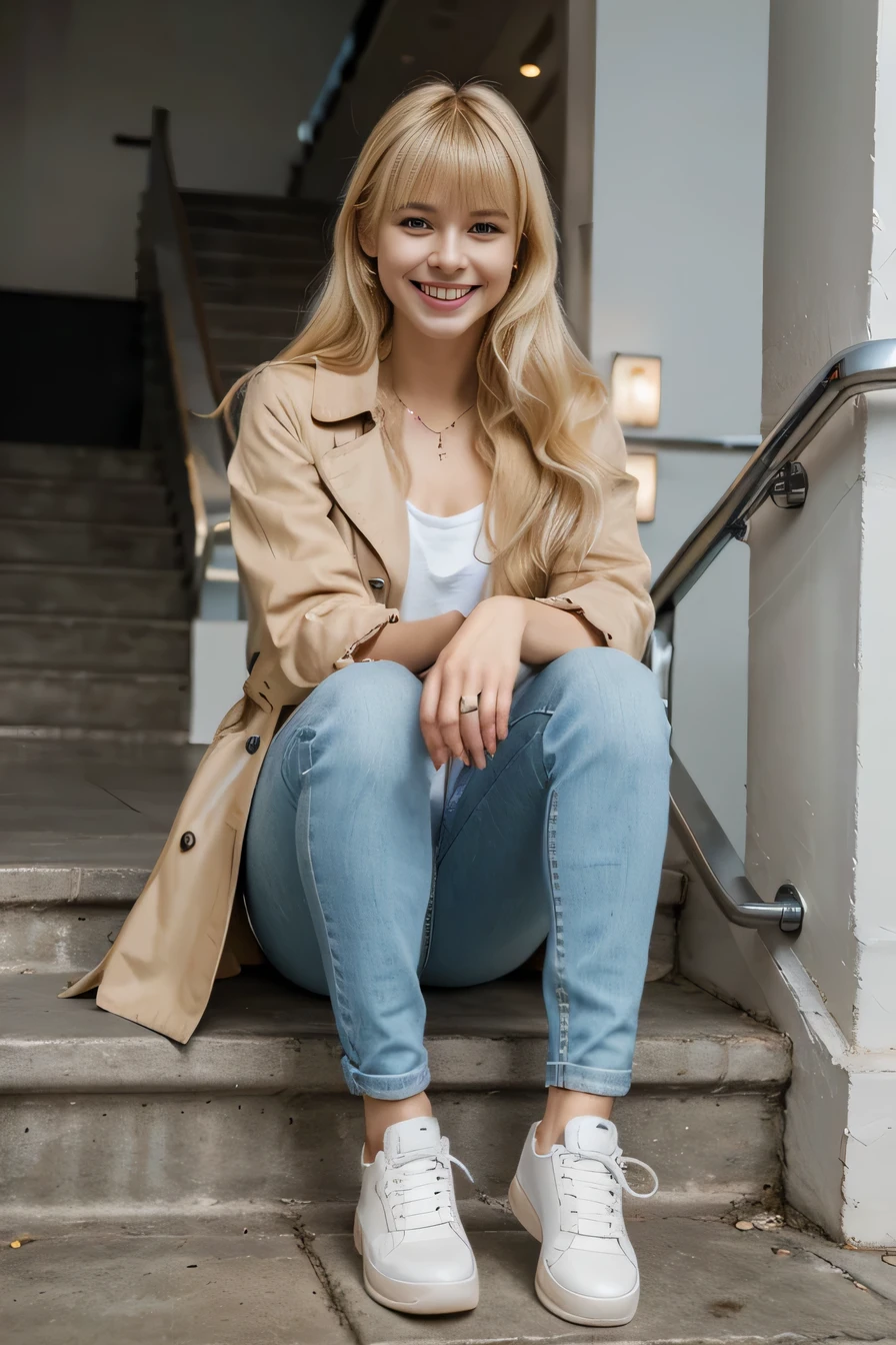 Highest quality, High resolution, 8k wallpaper, Beautiful woman, Sitting on the stairs 、trench coat、, Skinny jeans, White sneakers 、 Blonde Hair 、 Beautiful Bangs 、ear piercing、smile、Beautiful teeth alignment