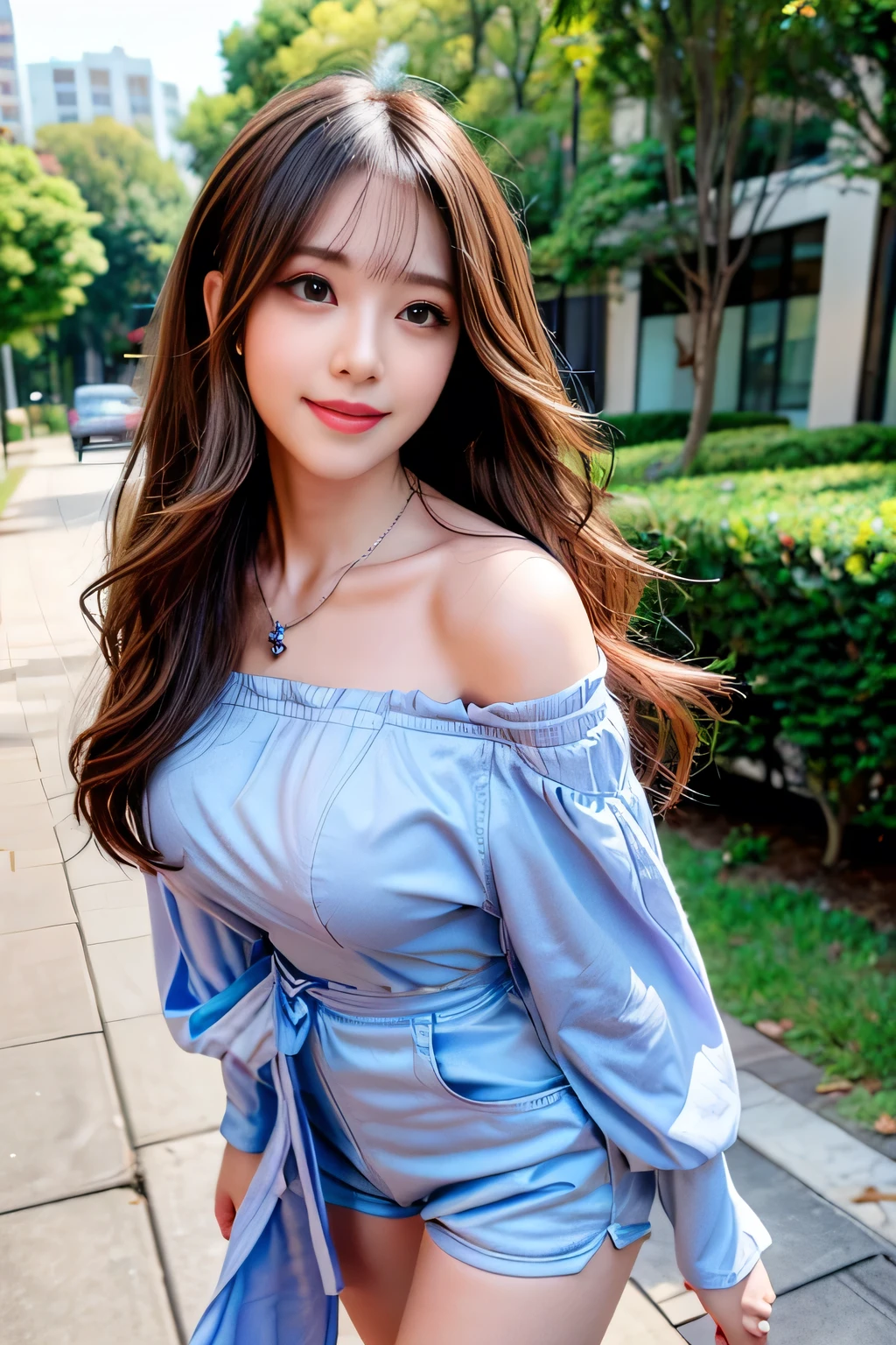 seed;2372725988,((Full Body Angle))、((Front hair:1.3))、((Highest quality, 8k, masterpiece: 1.3)), concentrated: 1.2, Cute girl 1,Nipples erect、 Perfect beauty: 1.4,Summer off-the-shoulder cropped T-shirt、Letter Print、Shorts: 1.2,Long sleeve、Randall Color、comics＆Text Graphics、Black ruffle-trimmed drawstring zip blouse,1.1, Highly detailed face and skin textures, Fine grain, double eyelid, whitening skin, ,Highest quality,Ultra-high resolution,you,1 girl,alone,_Shiny_skin,Iris,necklace,((brown_length_Wavy_hair)),(lips)),eyelash,Front hair,deal with,compensate,Shiny,pore,skin,Large Breasts、((smiling face))、stroll、Selfie、