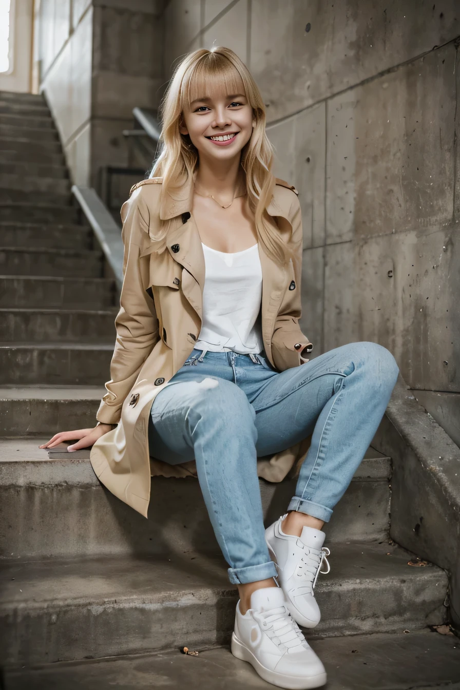 Highest quality, High resolution, 8k wallpaper, Beautiful woman, Sitting on the stairs 、trench coat、, Skinny jeans, White sneakers 、 Blonde Hair 、 Beautiful Bangs 、ear piercing、smile、Beautiful teeth alignment