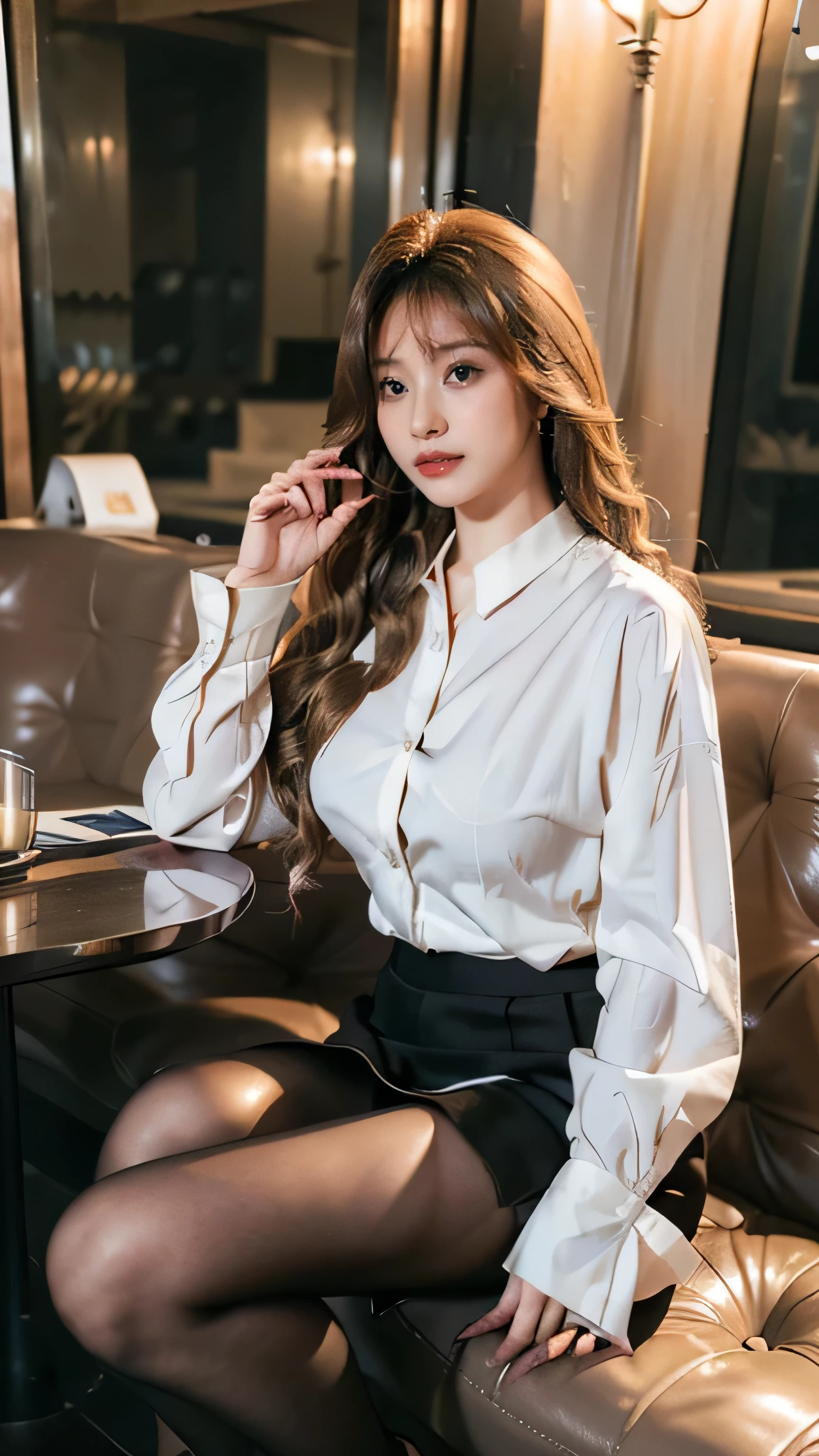 Wave Curl，Heavy makeup，Red lips，white long sleeve button up blouse_brown pleated ee-through silk pantyhose，Red stiletto heels，Through the bangs，((In the hustle and bustle of town:1.4))