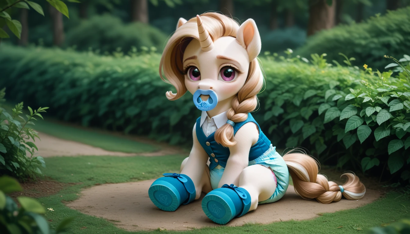 pony, light caramel unicorn, adult filly, plum eyes, lush mane braided, bushy tail, sitting outside, dressed in a bright blue vest and blue booties, blue pacifier in mouth, solo, thick light blue diaper under clothes.