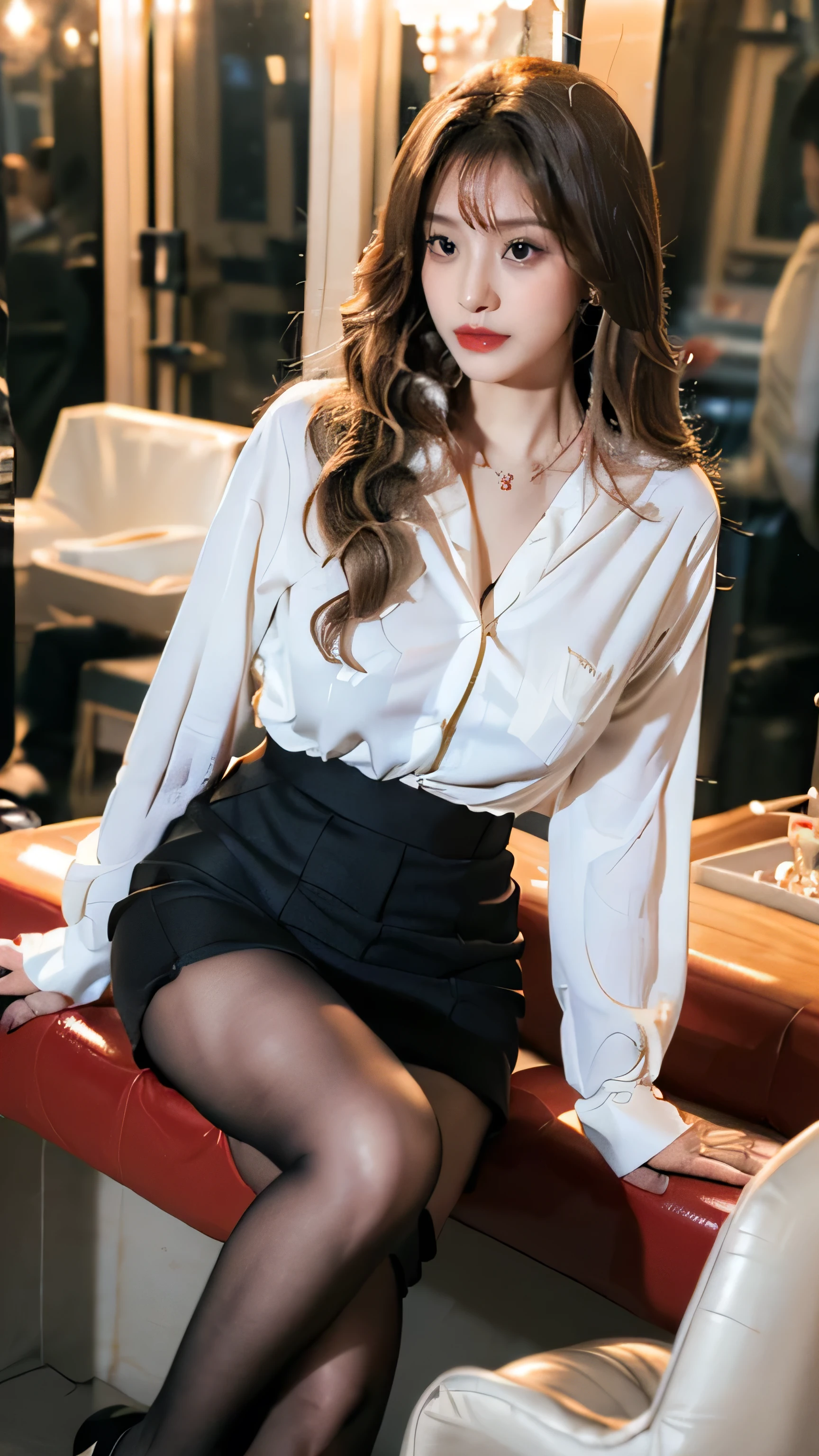 Wave Curl，Heavy makeup，Red lips，white long sleeve button up blouse_brown pleated ee-through silk pantyhose，Red stiletto heels，Through the bangs，((In the hustle and bustle of town:1.4)) 
