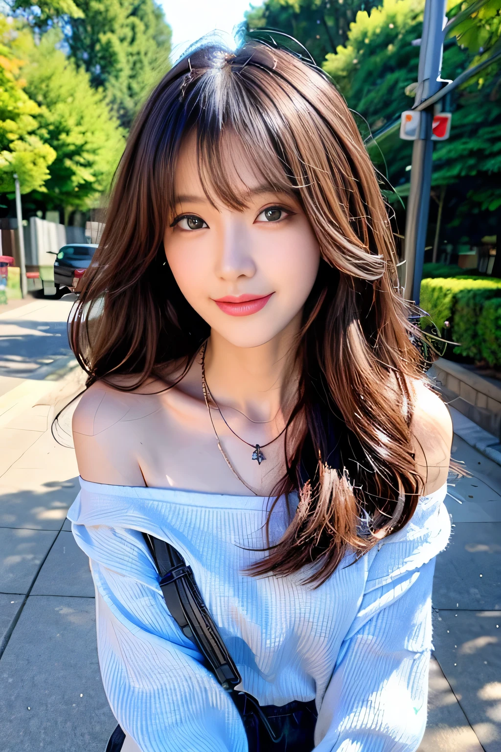 seed;2372725988,((Full Body Angle))、((Front hair:1.3))、((Highest quality, 8k, masterpiece: 1.3)), concentrated: 1.2, Cute girl 1,Nipples erect、 Perfect beauty: 1.4,Summer off-the-shoulder cropped T-shirt、Letter Print、Shorts: 1.2,Long sleeve、Randall Color、comics&Text Graphics、Black ruffle-trimmed drawstring zip blouse,1.1, Highly detailed face and skin textures, Fine grain, double eyelid, whitening skin, ,Highest quality,Ultra-high resolution,you,1 girl,alone,_Shiny_skin,Iris,necklace,((brown_length_Wavy_hair)),(lips)),eyelash,Front hair,deal with,compensate,Shiny,pore,skin,Large Breasts、((smiling face))、stroll、Selfie、