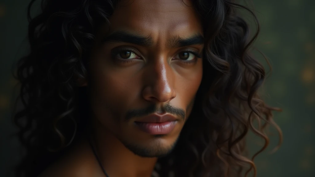 a beautiful mysterious indian man, intricate detailed face, piercing eyes, long eyelashes, delicate skin, natural beauty, flowing hair, candid elegant pose, dramatic lighting, cinematic mood, muted color palette, chiaroscuro lighting, high quality, photorealistic, 8k, intricate details, professional rendering
