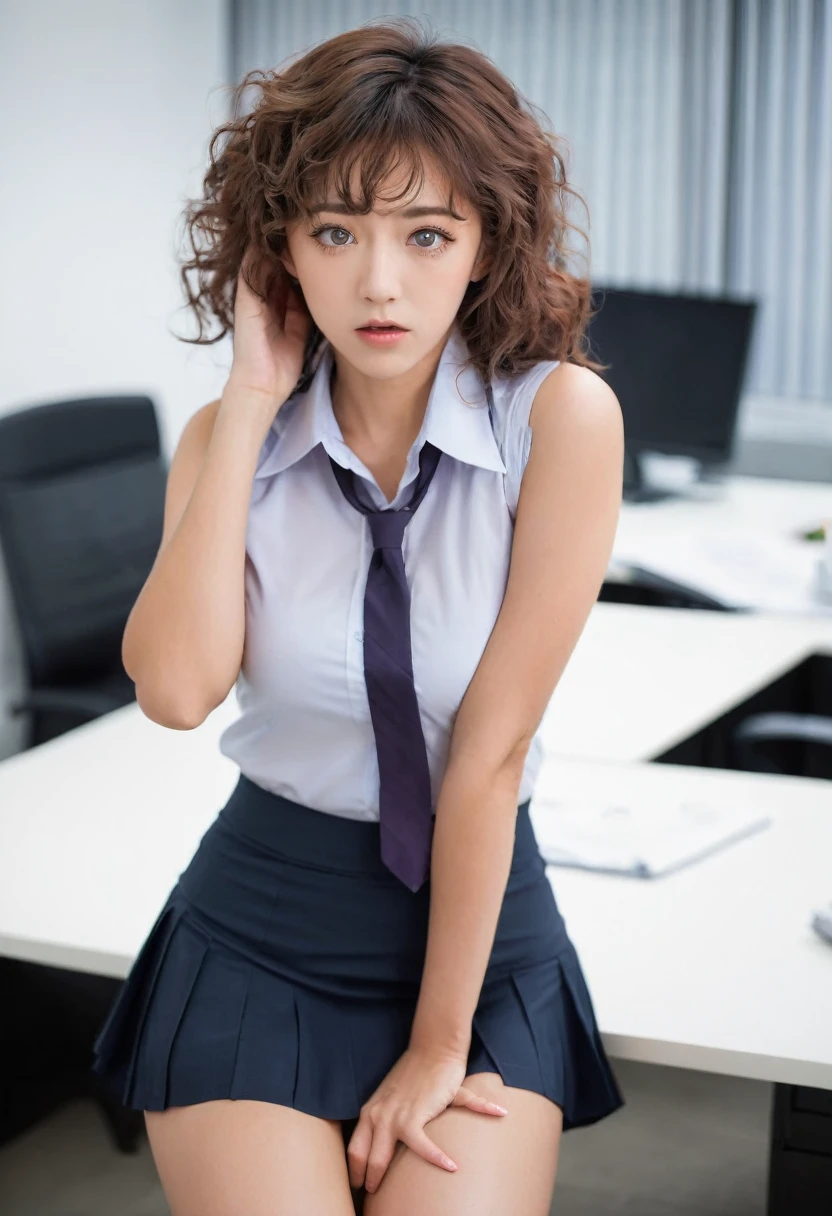 Japanese,office, Sleeveless Business Shirt, Her underwear is visible,Narrow eyes,Sexy look,Perm Hair,Emphasizes the chest,skirt,Hands behind head,sadistic,Showing her side,Crouching and looking up