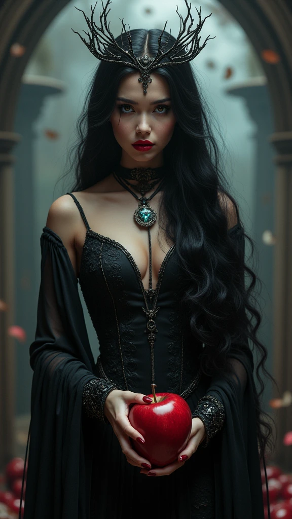 Girl,Black long hair,Black Queen,accessories,Apple in hand,Poison apples,Witch Queen,Red lipstick