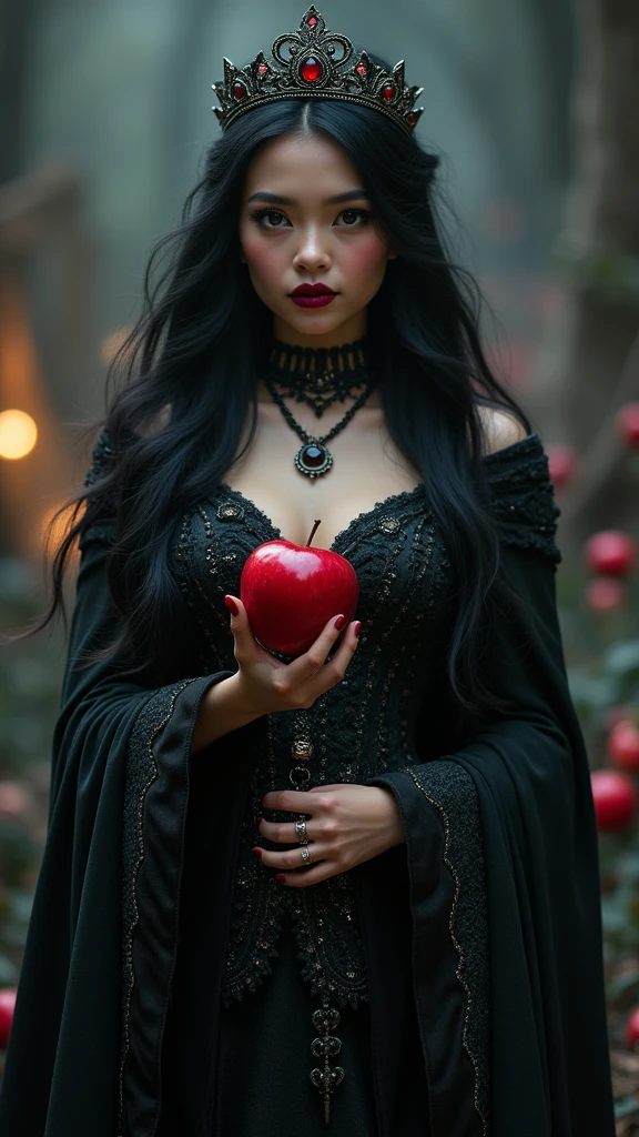 Girl,Black long hair，Black Queen，accessories，Apple in hand，Poison apples，Witch Queen，Red lipstick
