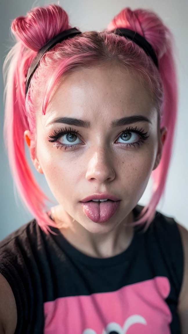 (ultra realista),Foto, alta calidad, ahegao analog photography , (low lighting), (neon ambiance) fondo claro ,retrato, 1 chica, ahegao, pelo color rosa,(chölka), ponytails hairstyle, ponytails , vista desde arriba, ojos detallados, (ultra detallado) 