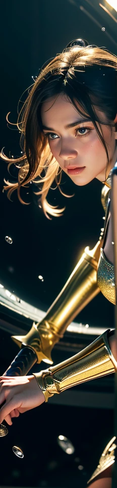 ((Highest quality, masterpiece, Realistic)),  smile、Adult female、（Holding a metallic sword）、（ metallic gold dress）, Messy [Updo|Hanging] hair,  alone,   Detailed Background, Detailed face, Sc3pt4, Sci-Fi Theme:1.1), Mercury Wizard, melancholic, Surrounded by iridescent silver waves, Image of alchemy, reflection, silver liquid, Metallic luster, Shiny, Dynamic pose, Fluid movement, Suspended particles, Drops of mercury, Flowing Metal, Mercury Blend, Alien planet in the background, Dripping mercury layer, （Holding a metallic sword）、Volumetric lighting, Cinematic atmosphere, Sharp details, Skin with attention to detail, Realistic skin texture, Adult sexiness、（Sexy thighs）、（Sexy sleeveless high leg gold metal suit）、smile、（Hold the sword）