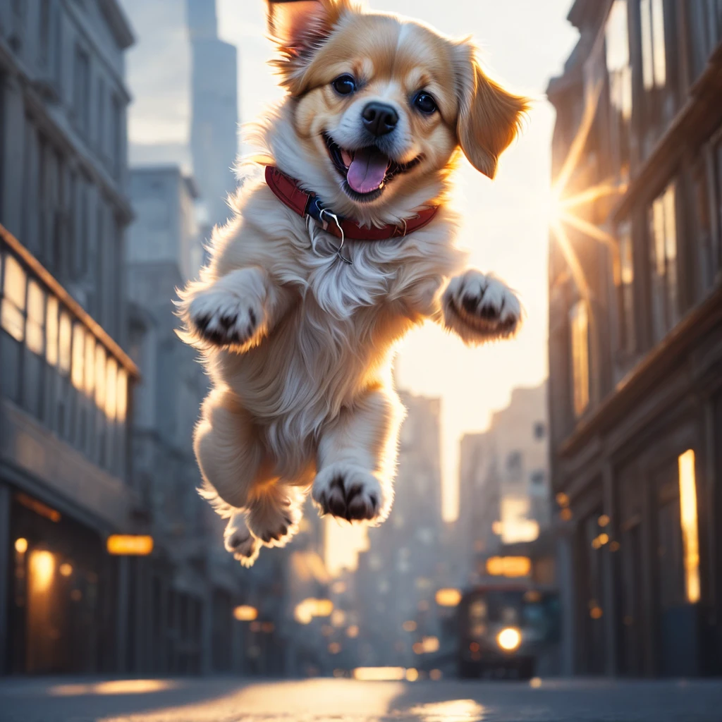 Close-up of a very cute puppy jumping around in the city, Soft Volume Light, (Backlight:1.3), (Cinematic:1.2), Intricate details, (Art Station:1.3), Rutkowski