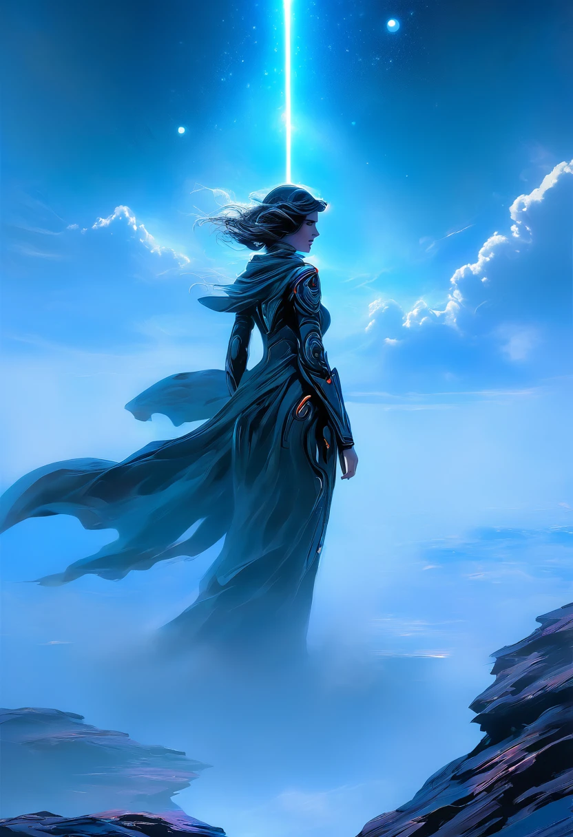 woman standing on the edge of horizon looking at the camera, sci fi art style of the masters,