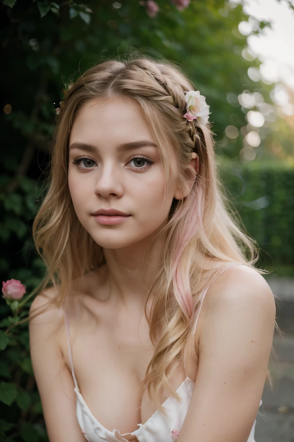 8 K, RAW photo, Fujifilm, stylish photo of a beautiful young woman dressed as Avril in a garden of light pink roses (very detailed skin: 1.2) Style-Petal BREAK короткие волосы, blonde hair with colored streaks, naked, 35 mm, cute style
