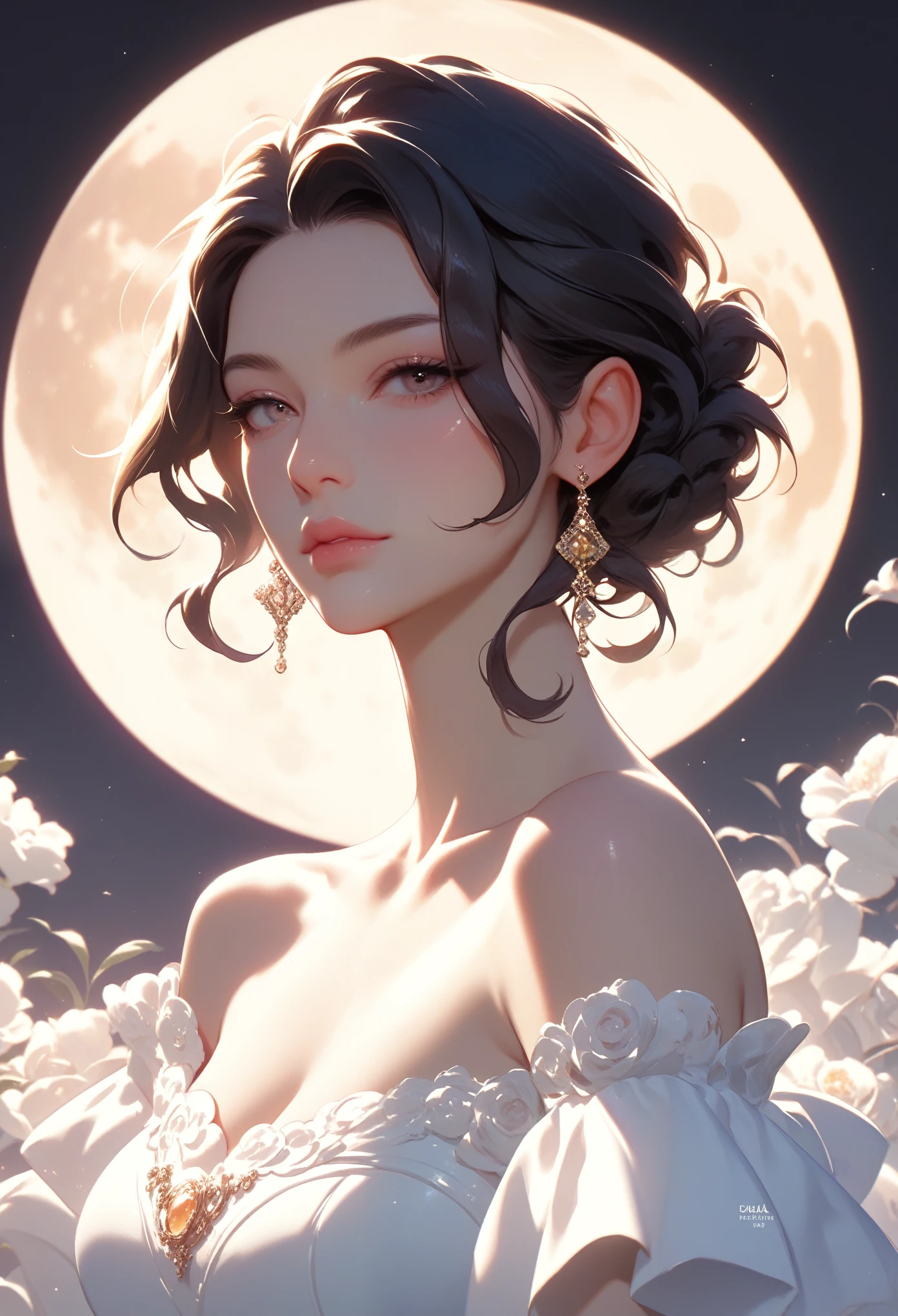 Bust Close-up,Big Moon,Beautiful light and shadow,Delicate facial features,black gold,poster,photography,Blockbuster movies,Clean background