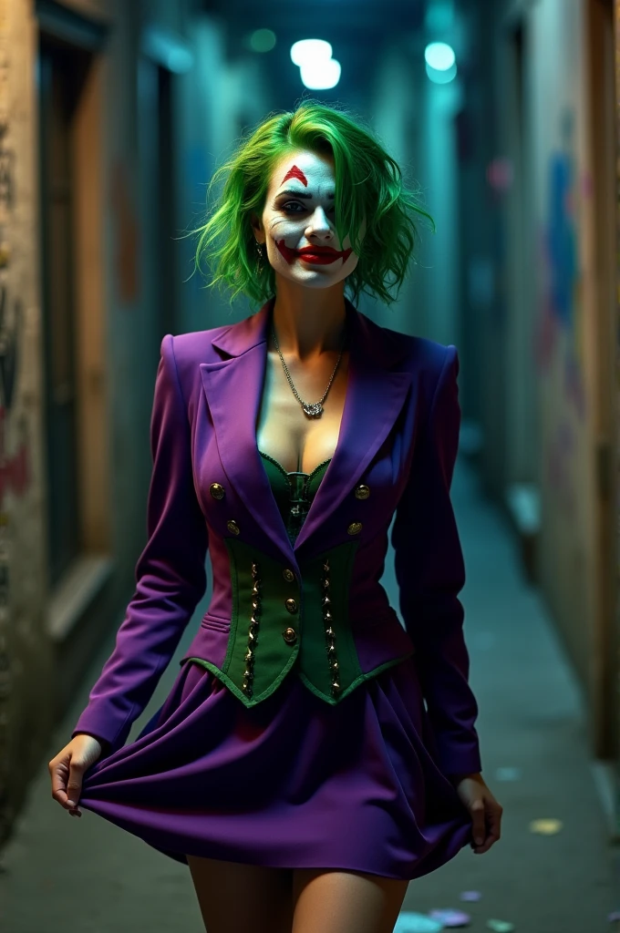 Create an image of a Indian female version of the Joker from Batman. on the city street, cinematic light, beautiful woman, skinny, medium breasts, detailed face, smile, facing the camera, photo taken from a distance, with bright green hair styled in a wild and unkempt manner. Her makeup should include white face paint, dark, exaggerated eye makeup, and a red smile that extends beyond her lips, red lipstick extends her lips reaches her chin creating a smile curve, similar to the classic Joker look. She should be dressed in a stylish yet eccentric outfit, combining elements of the Joker's traditional purple suit with a feminine twist, such as a tailored purple blazer, green corset, and short skirt. (Skirt lift), lifting skirt in one hand), (genitals visible), (private hair), Add accessories like gloves, a cane, or playing cards to enhance her villainous persona. The background should be a dark, Gotham City alleyway, with a hint of graffiti and a moody, atmospheric lighting, white face painting, red smile, green hair