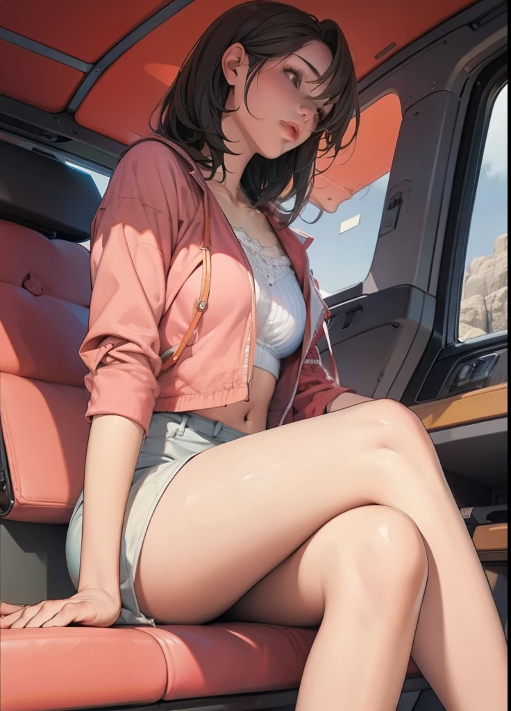 ((best quality)), ((masterpiece)), (detailed), perfect face, ((green skin)), pointy ears, tiny breasts, wearing black rimmed glasses, short dark hair, topless, wearing black pantyhose, detailed feet, asleep in the backseat of a car, lying down, fetal position, passed out, drunk, nighttime outside, eyes closed, sleeping, pov from driver's seat, visible nipples, full body,