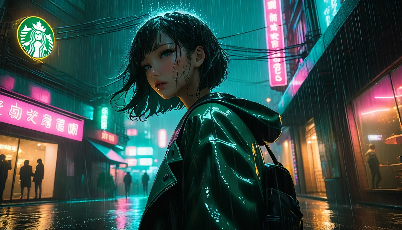 Turning Shibuya's Starbucks into a night pool, where mermaids swim hyper detailed, dark moody lighting, cyberpunk, neon signs, rain, wet concrete, highly detailed, cinematic,dramatic pose, terrified expression, detailed facial features, (best quality,4k,8k,highres,masterpiece:1.2),ultra-detailed,(realistic,photorealistic,photo-realistic:1.37),moody lighting,dramatic shadows,neon lights,rainy night,wet streets,urban environment,dark alleyway,detailed architecture,cinematic perspective,dynamic composition,strong contrast,intense colors