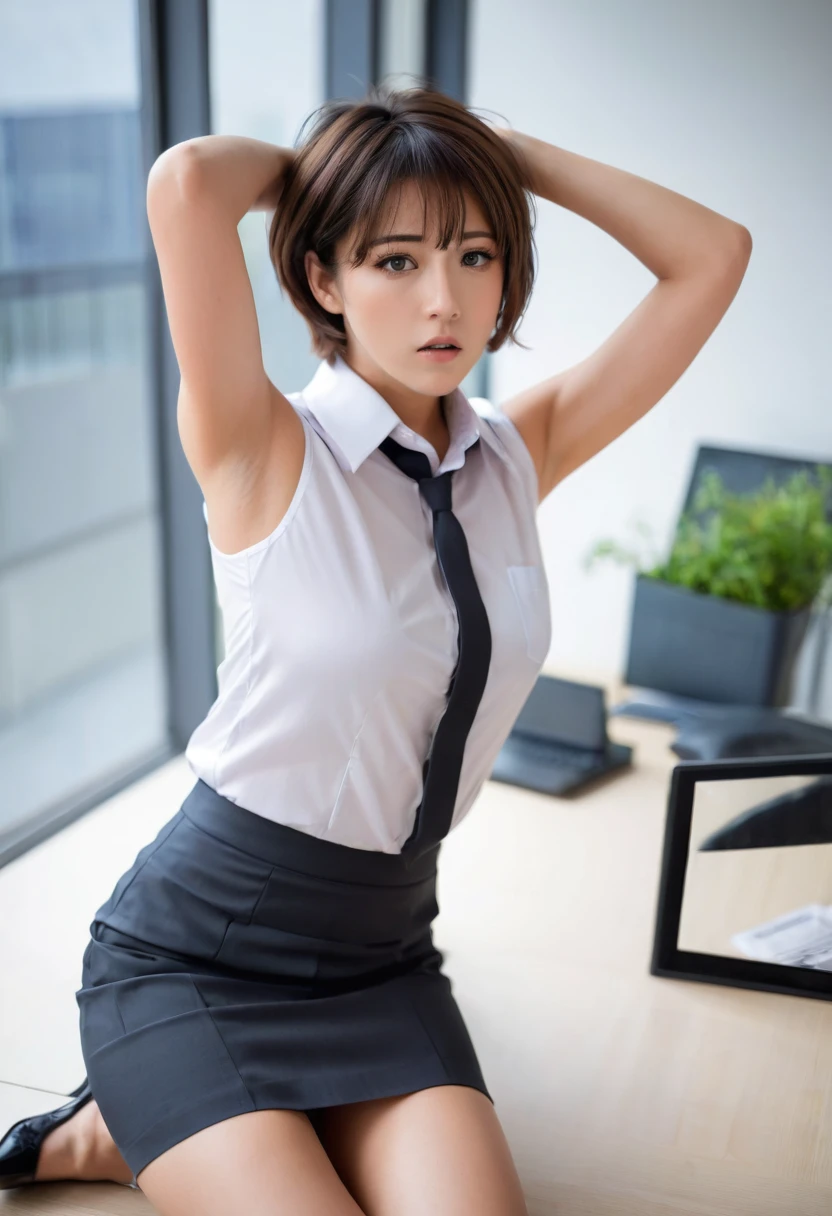 Japanese,office, Sleeveless Business Shirt, Her underwear is visible,Narrow eyes,Sexy look,short hair,Emphasizes the chest,skirt,Hands behind head,sadistic,Showing her side,Crouching and looking up