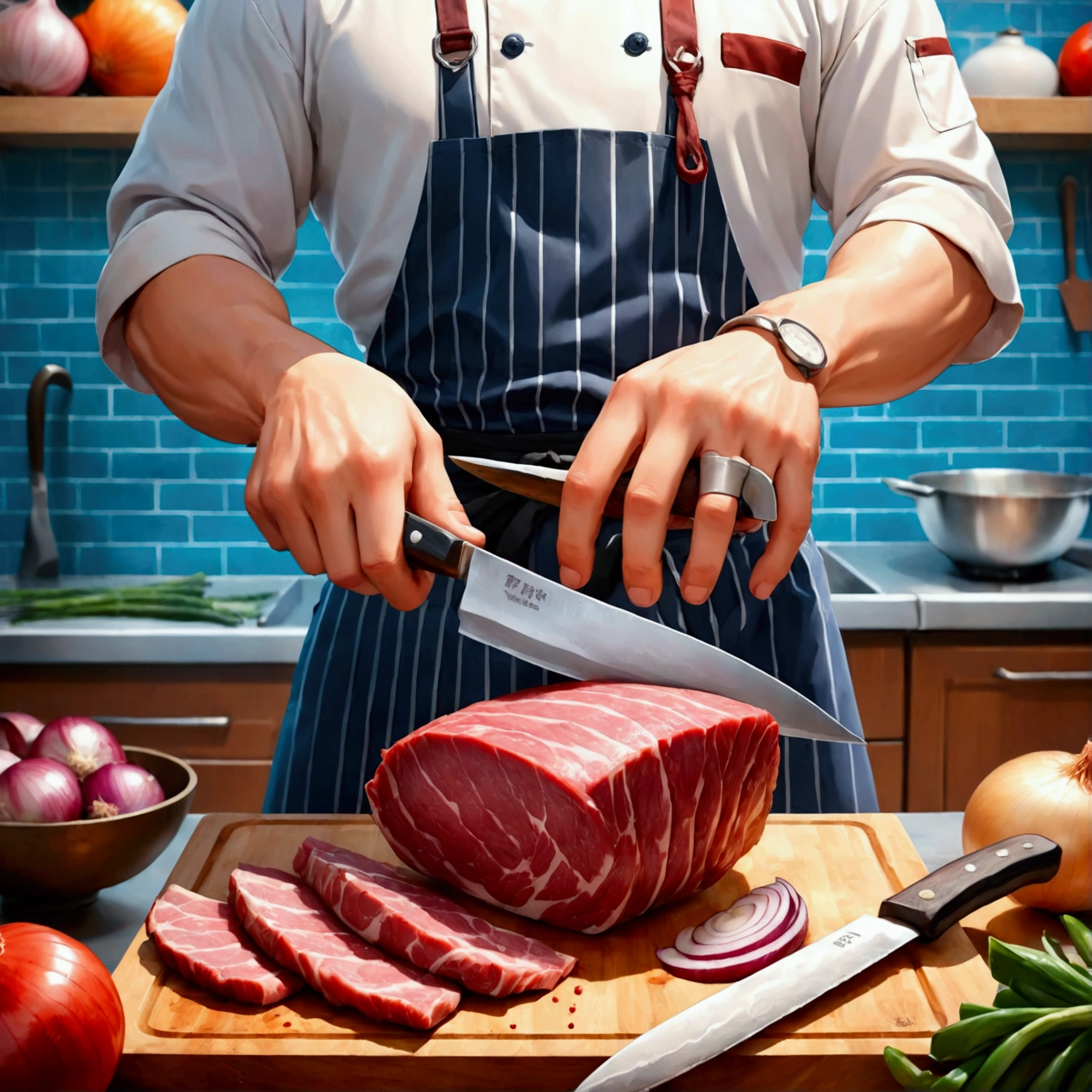 anime style butcher cutting board,knife,food,kitchen knife,male focus,独奏,holding knife,Meat,holding,1boy,onion,(Food close-ups:1.1),